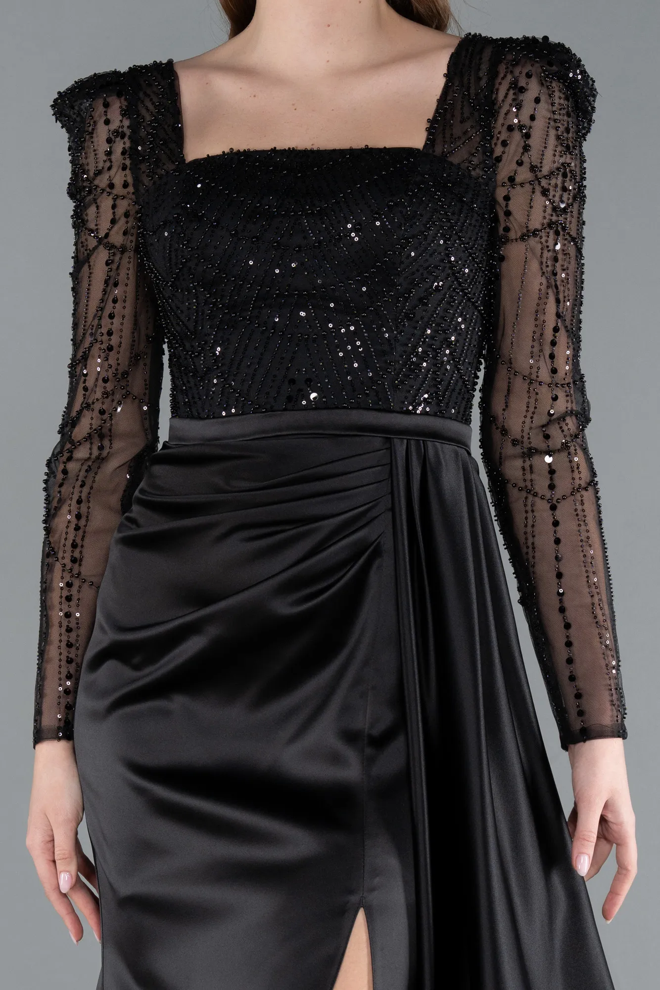 Beaded Long Sleeve Slit Satin Evening Gown ABU4781