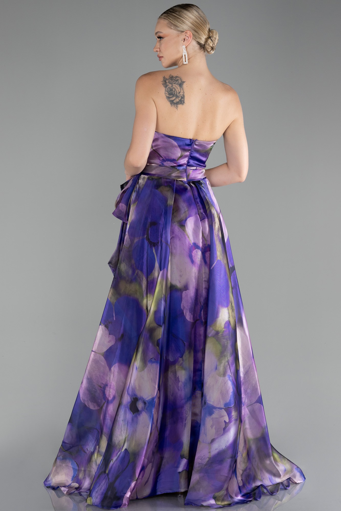 Strapless Slit Long Satin Printed Prom Gown ABU4157