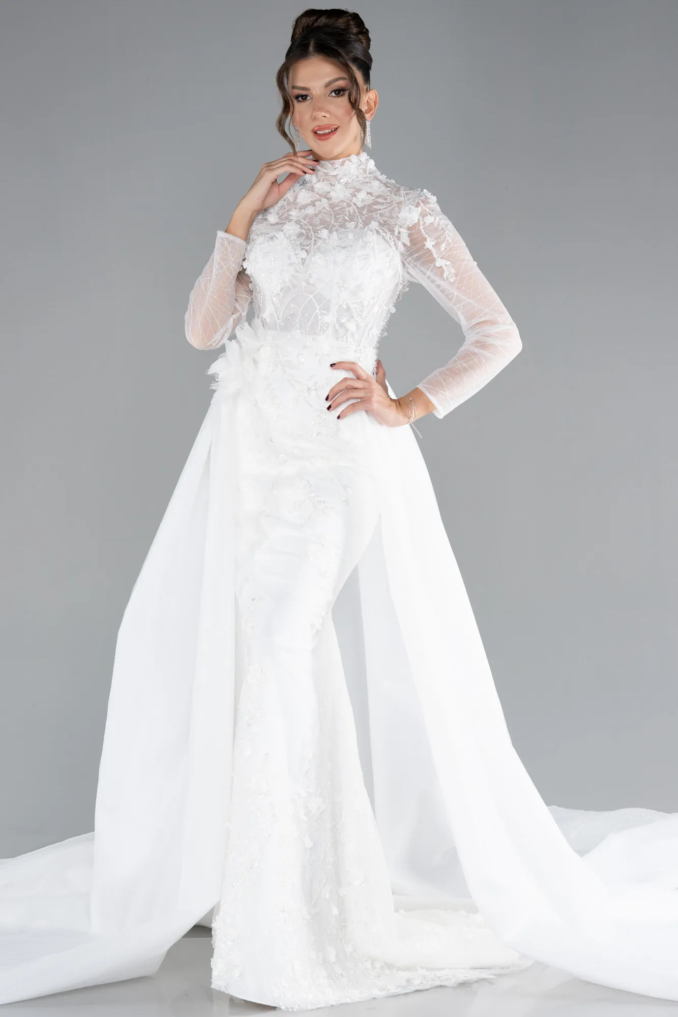 Long Sleeve Guipure Silvery Tail Wedding Dress ABU4342