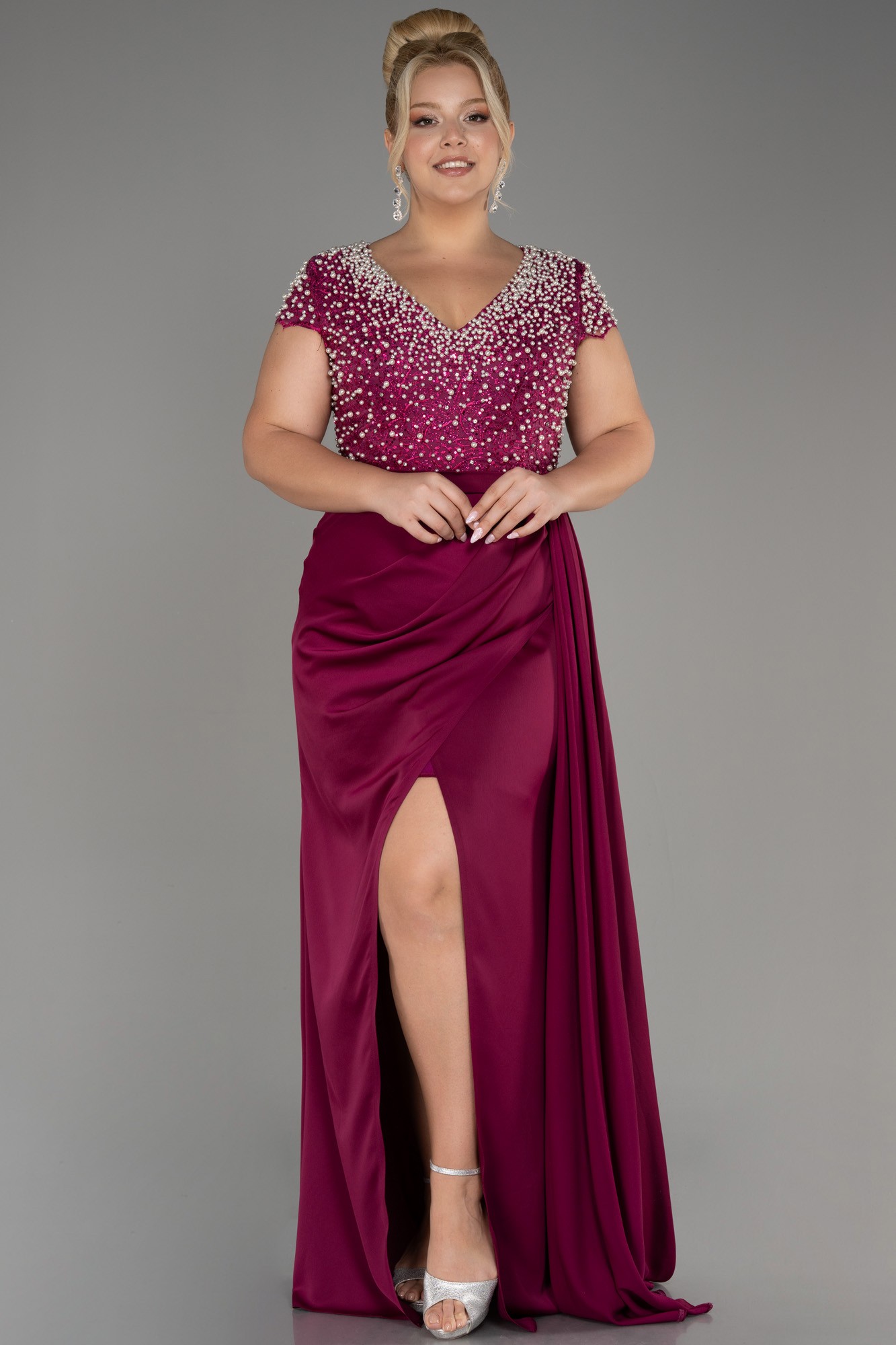 Slit Beaded Long Satin Plus Size Evening Gown ABU4053