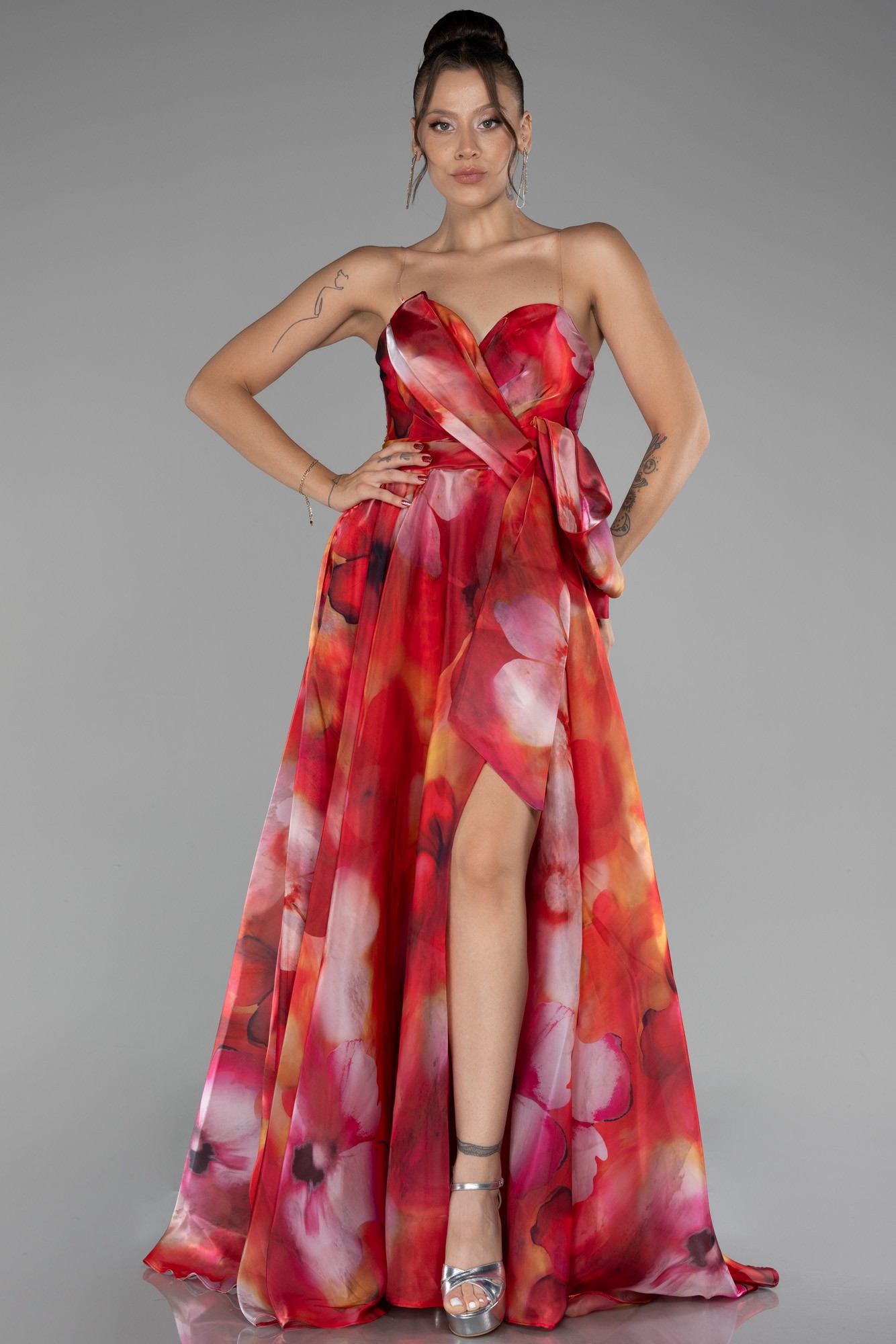Strapless Slit Long Satin Printed Prom Gown ABU4157