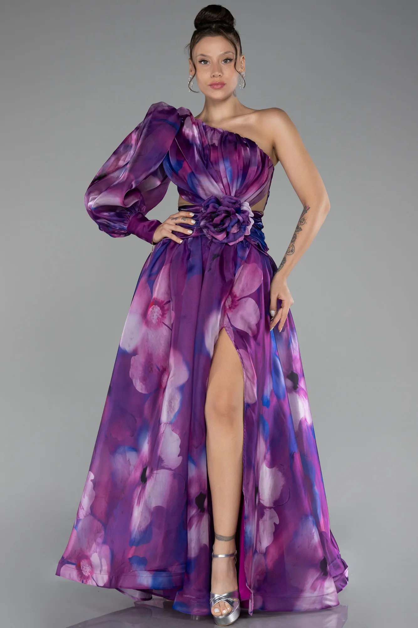 One Sleeve Slit Long Satin Patterned Prom Gown ABU4208