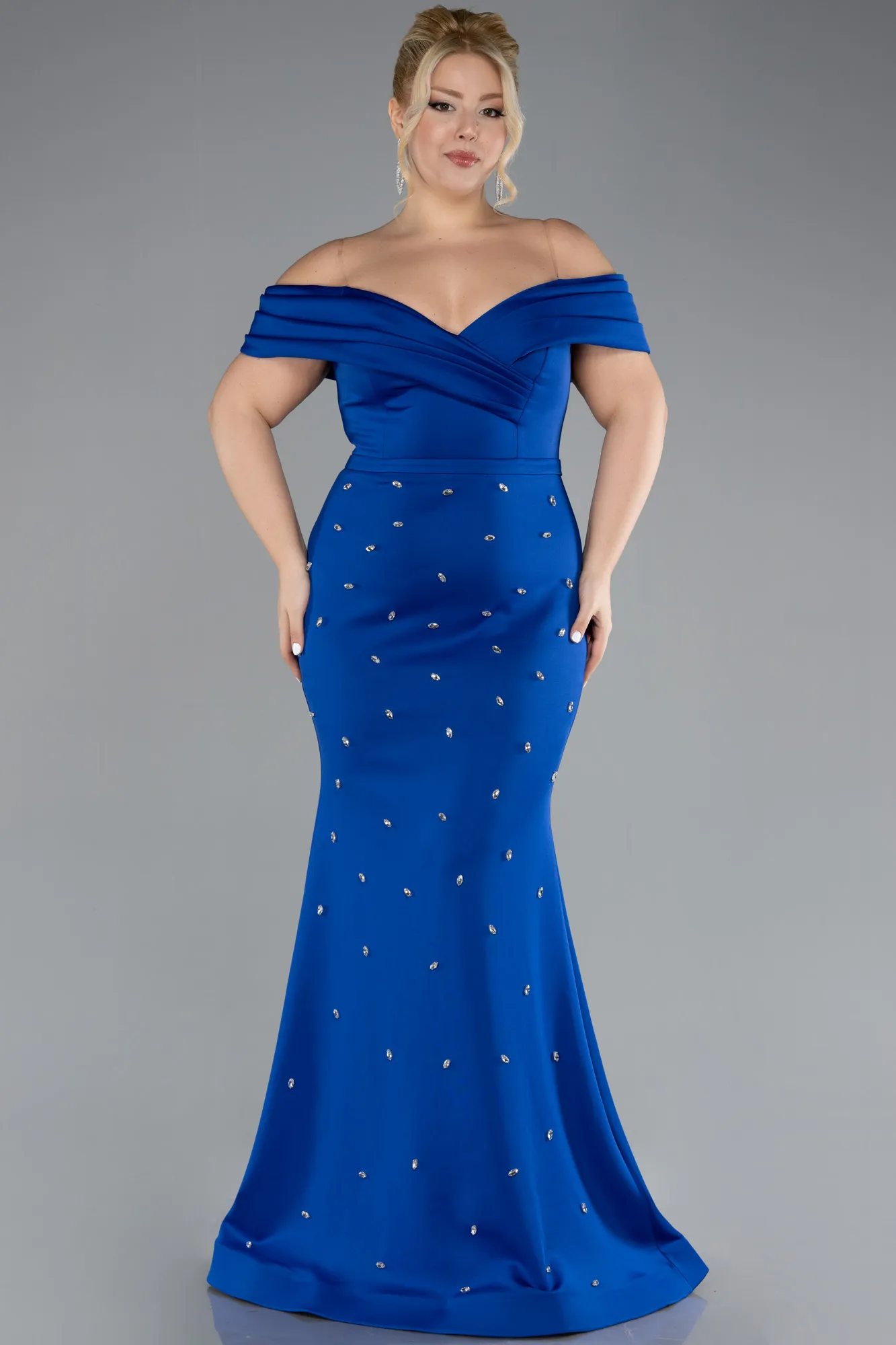 Boat Neck Long Stoned Plus Size Evening Gown ABU4347