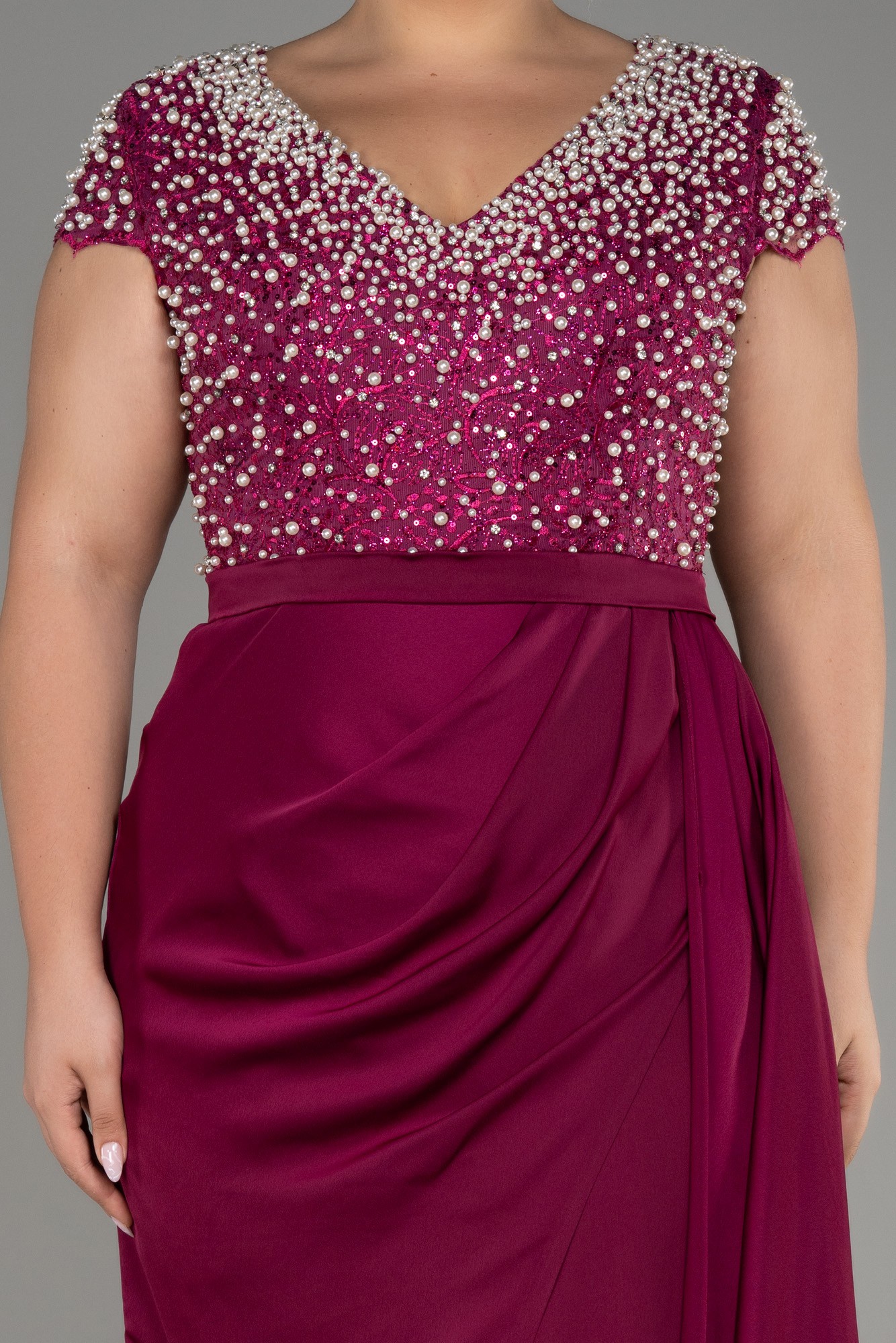 Slit Beaded Long Satin Plus Size Evening Gown ABU4053