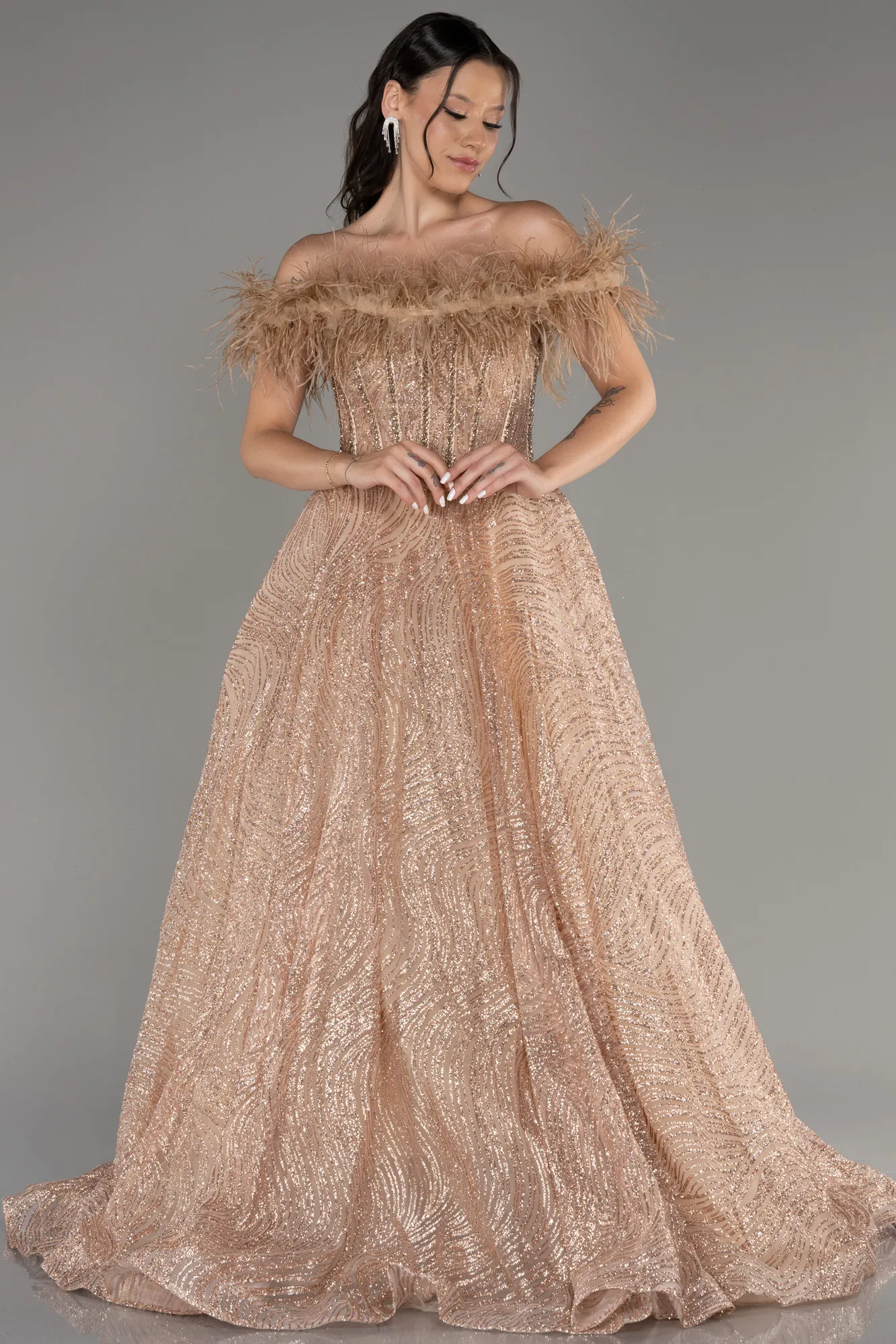 Off The Shoulder Long Silvery Ball Gown ABU4009