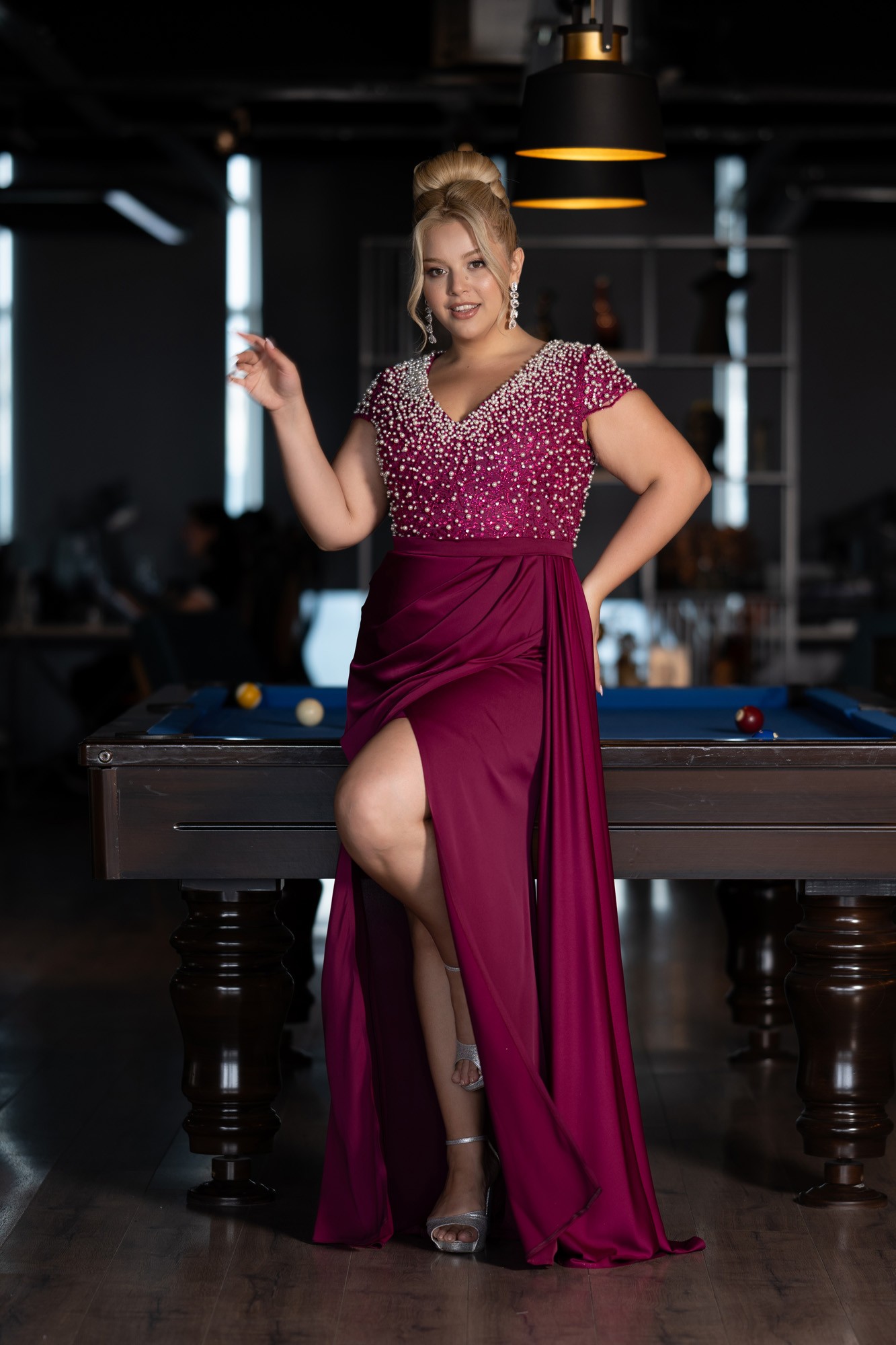Slit Beaded Long Satin Plus Size Evening Gown ABU4053