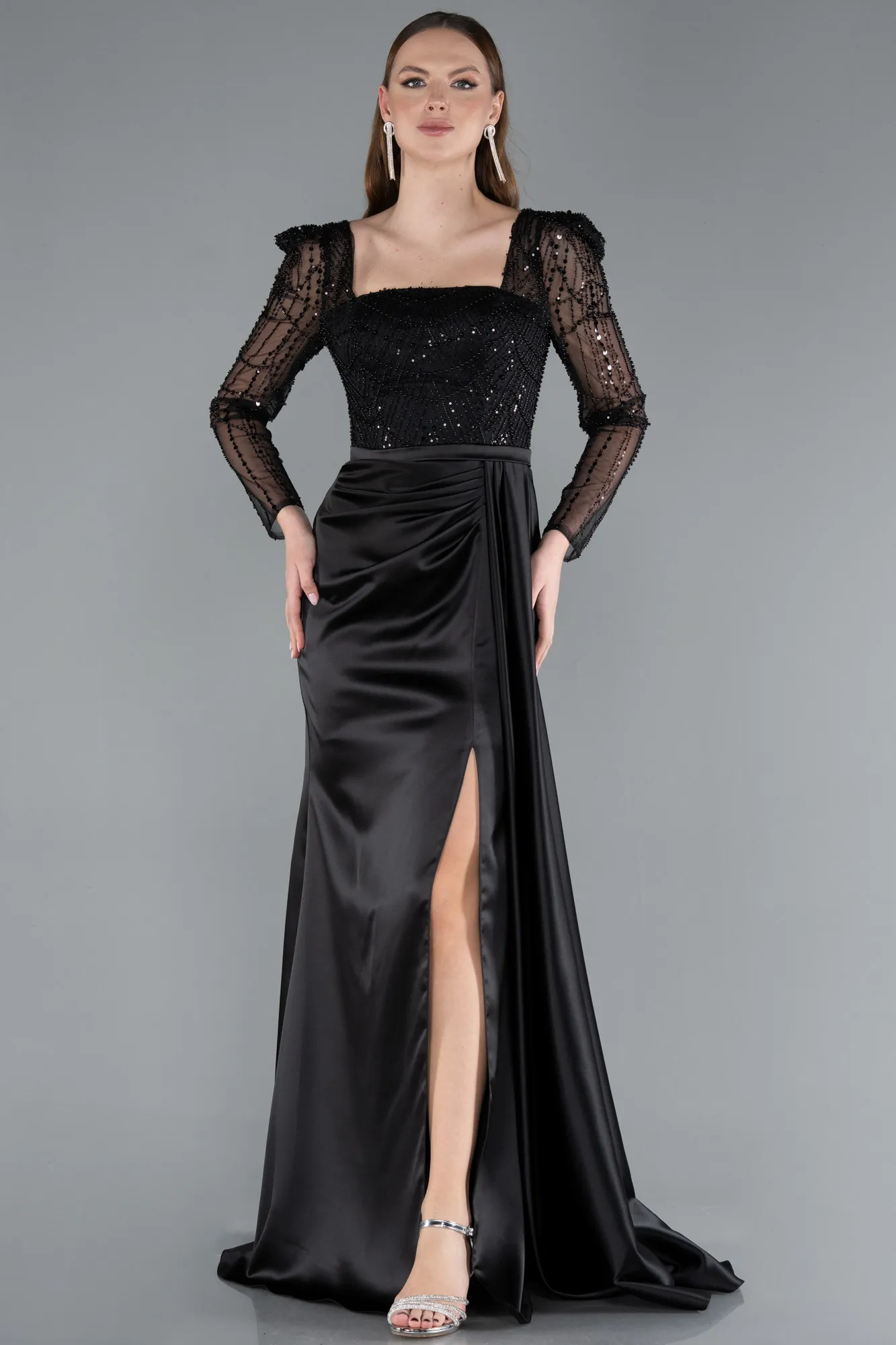 Beaded Long Sleeve Slit Satin Evening Gown ABU4781
