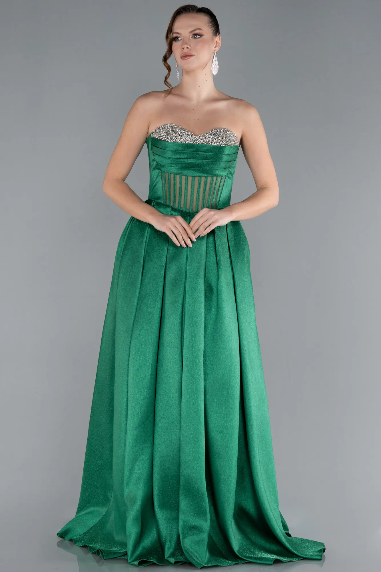 Stoned Strapless Underwire Corset Long Satin Prom Dress ABU4742