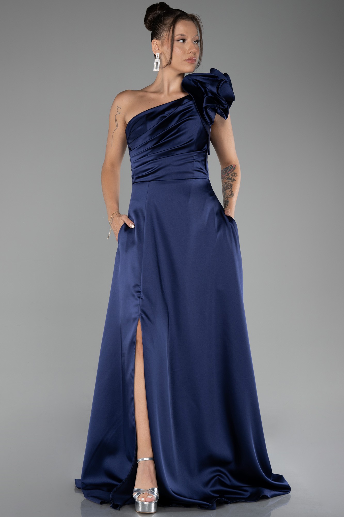 One Shoulder Slit Long Satin Evening Dress ABU4092