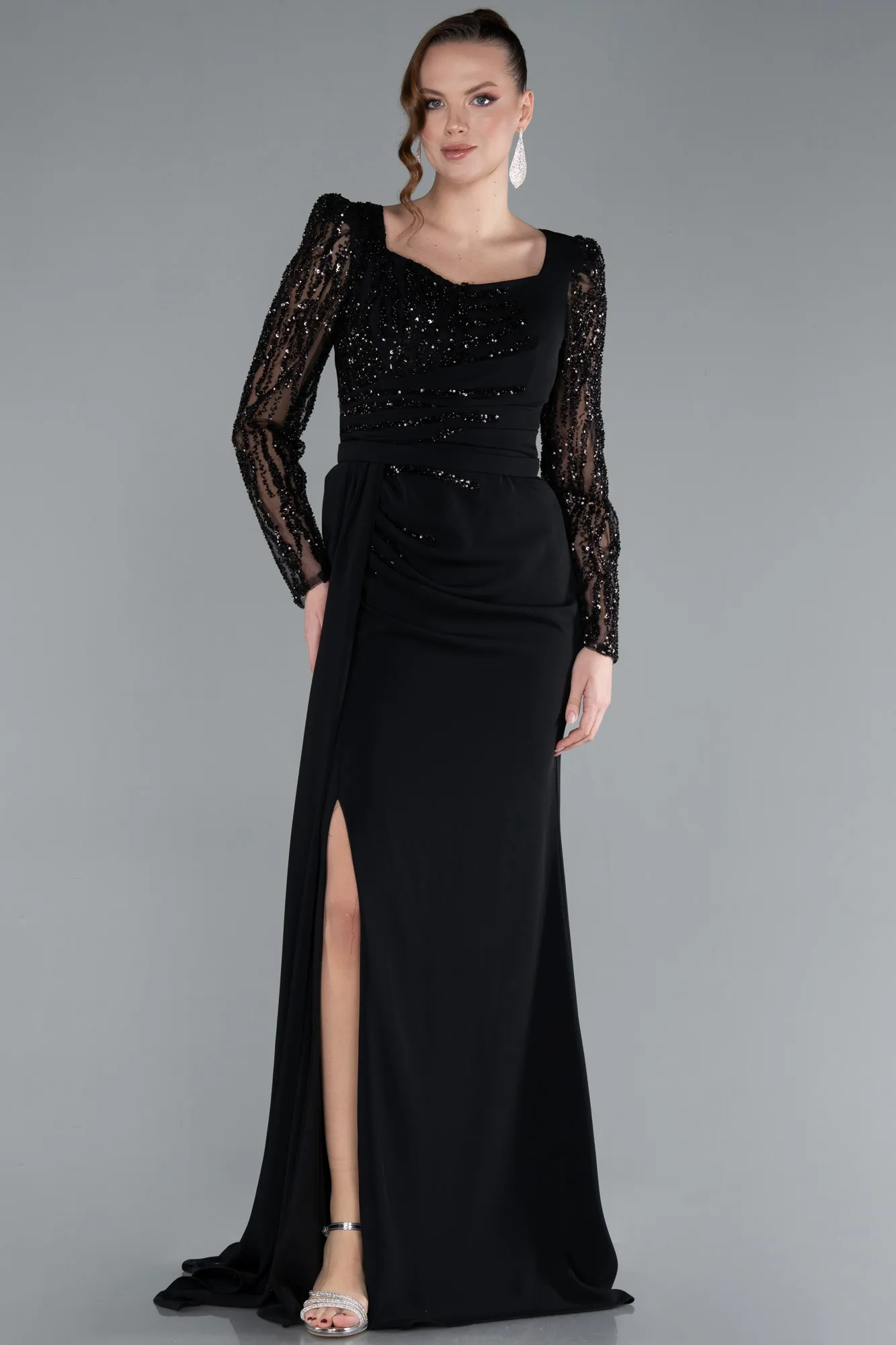 Stoned Long Sleeve Slit Chiffon Evening Gown ABU4732