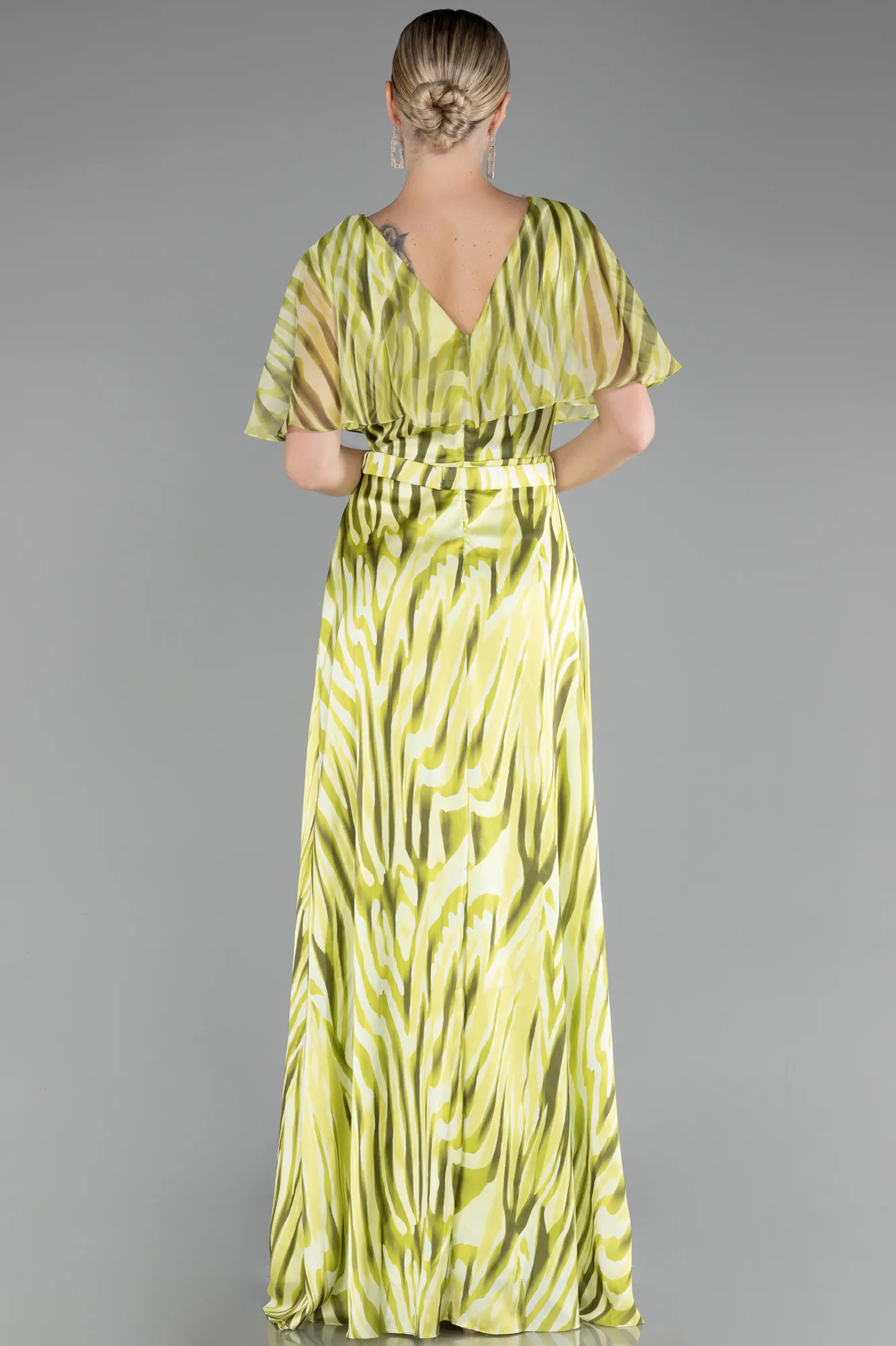 Short Sleeve Print Long Satin Prom Dress ABU3973