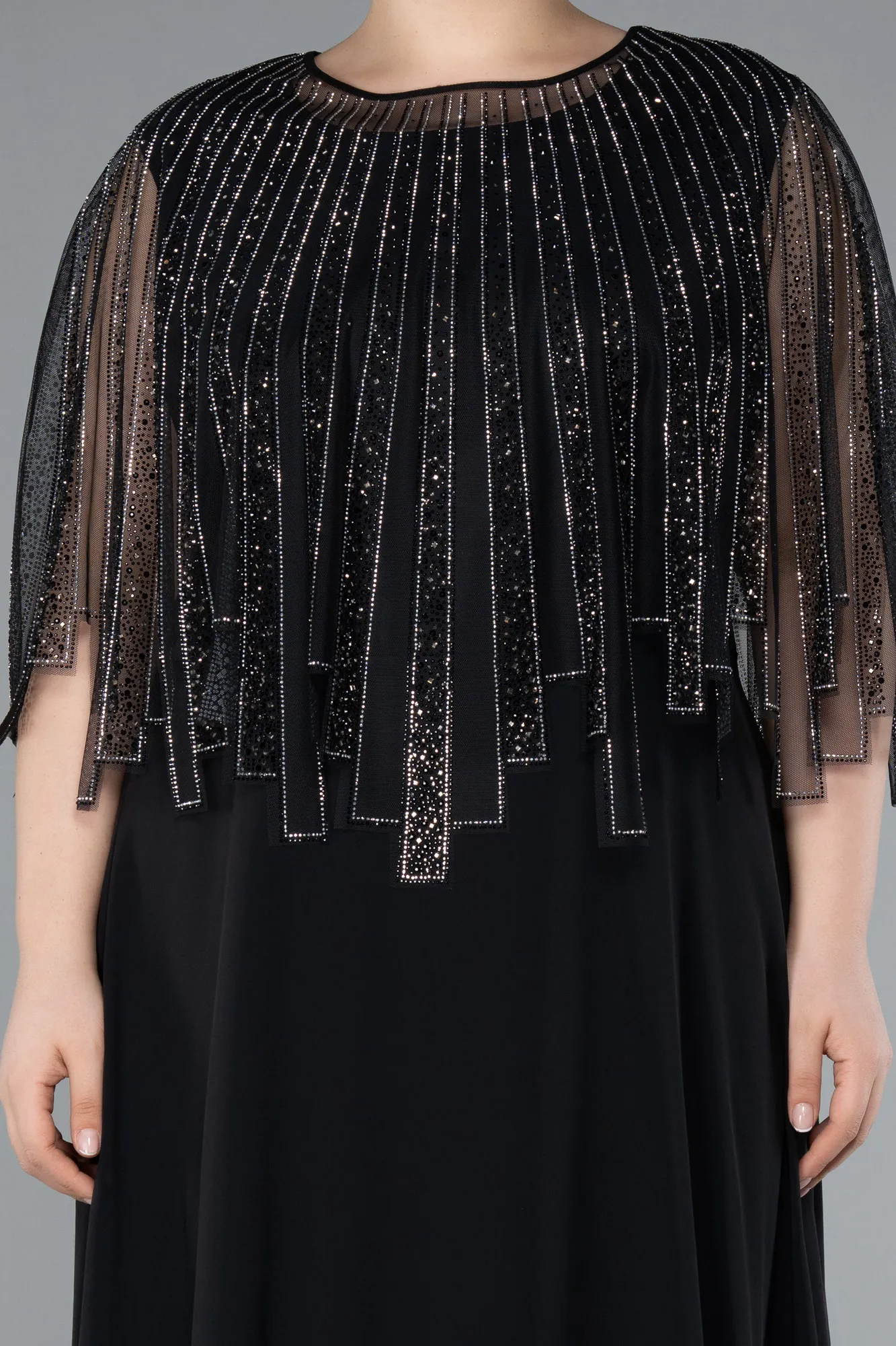 Stone Shawl Detailed Two Piece Long Chiffon Plus Size Evening Gown ABU4795