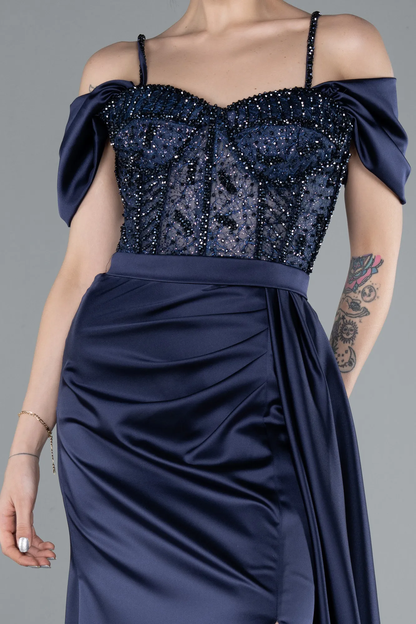 Glittery Underwire Slit Long Satin Evening Gown ABU4801