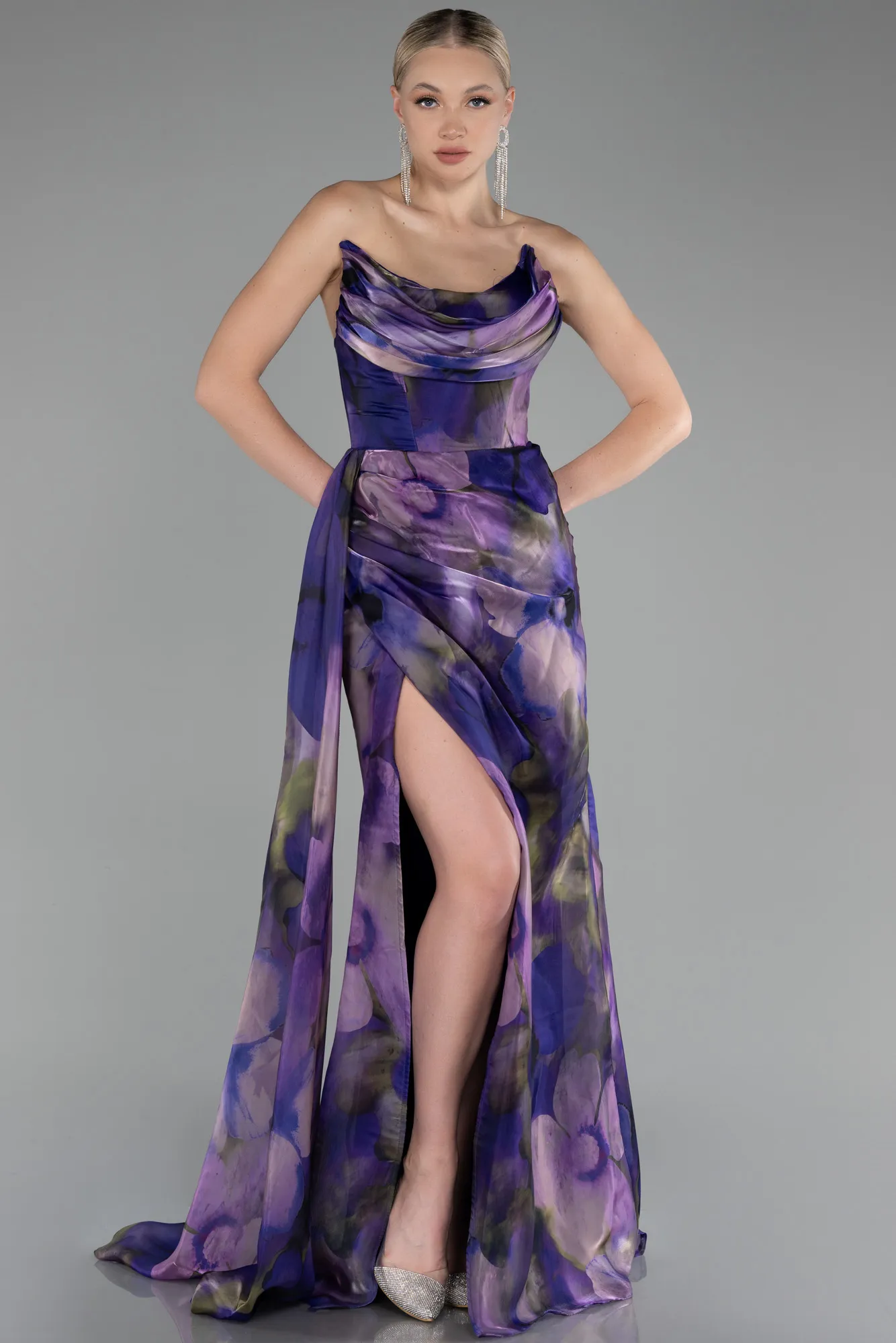 Strapless Slit Long Printed Satin Prom Dress ABU4169