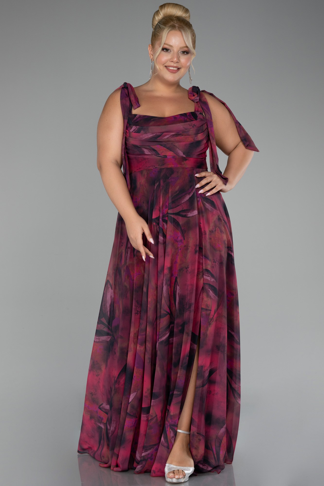 Strappy Slit Printed Long Plus Size Prom Dress ABU4204