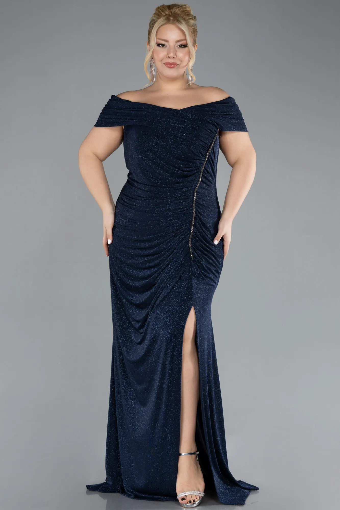 Boat Neck Slit Long Glitter Plus Size Evening Dress ABU4318