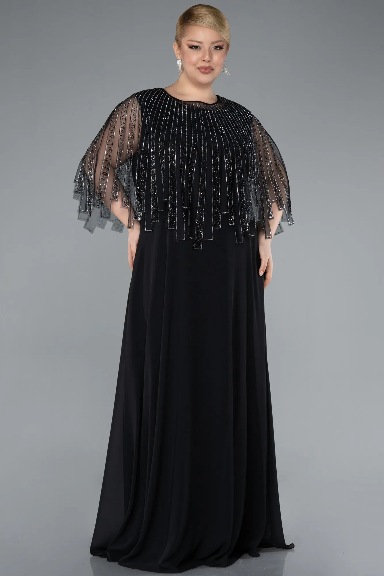 Stone Shawl Detailed Two Piece Long Chiffon Plus Size Evening Gown ABU4795