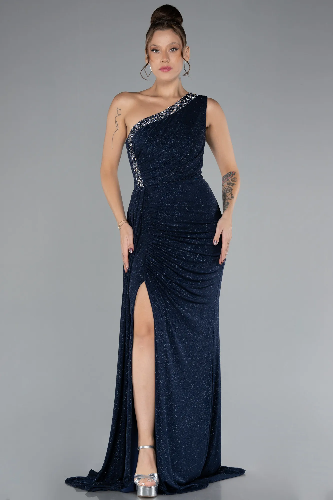 Stoned One Shoulder Slit Long Glitter Evening Gown ABU4307