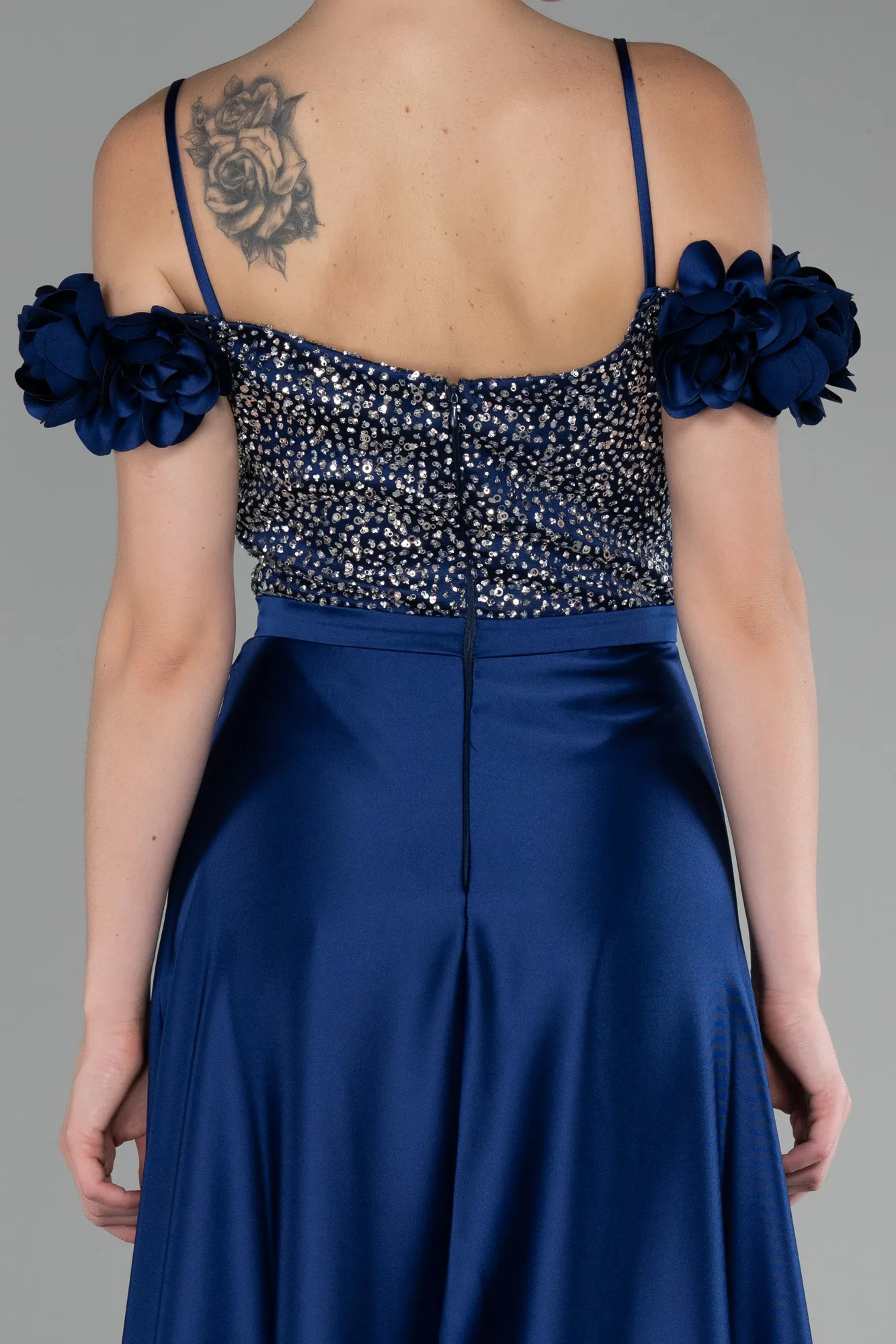 Sequined Boat Neck Slit Long Satin Evening Gown ABU4126