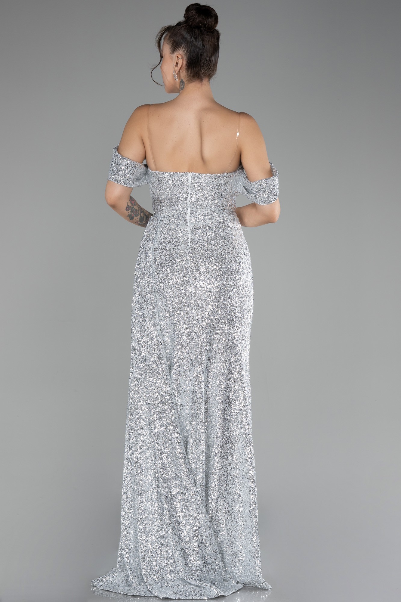 Off Shoulder Boat Neck Slit Sequined Long Evening Gown ABU4074