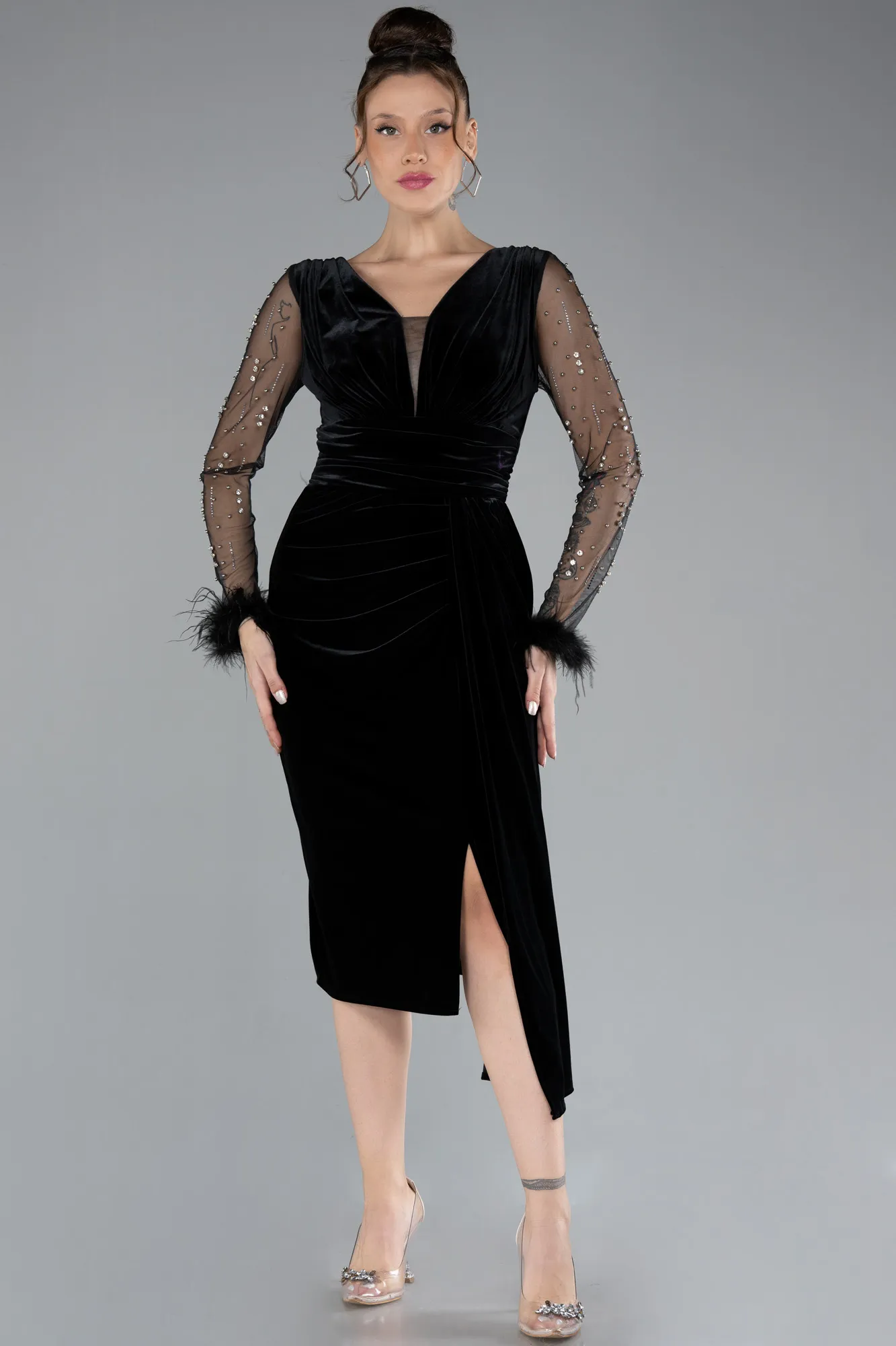 Long Sleeve Midi Velvet Invitation Dress ABK2168
