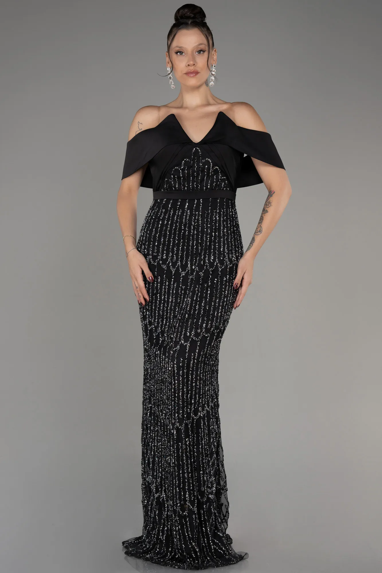 Boat Neck Stone Evening Gown ABU4047