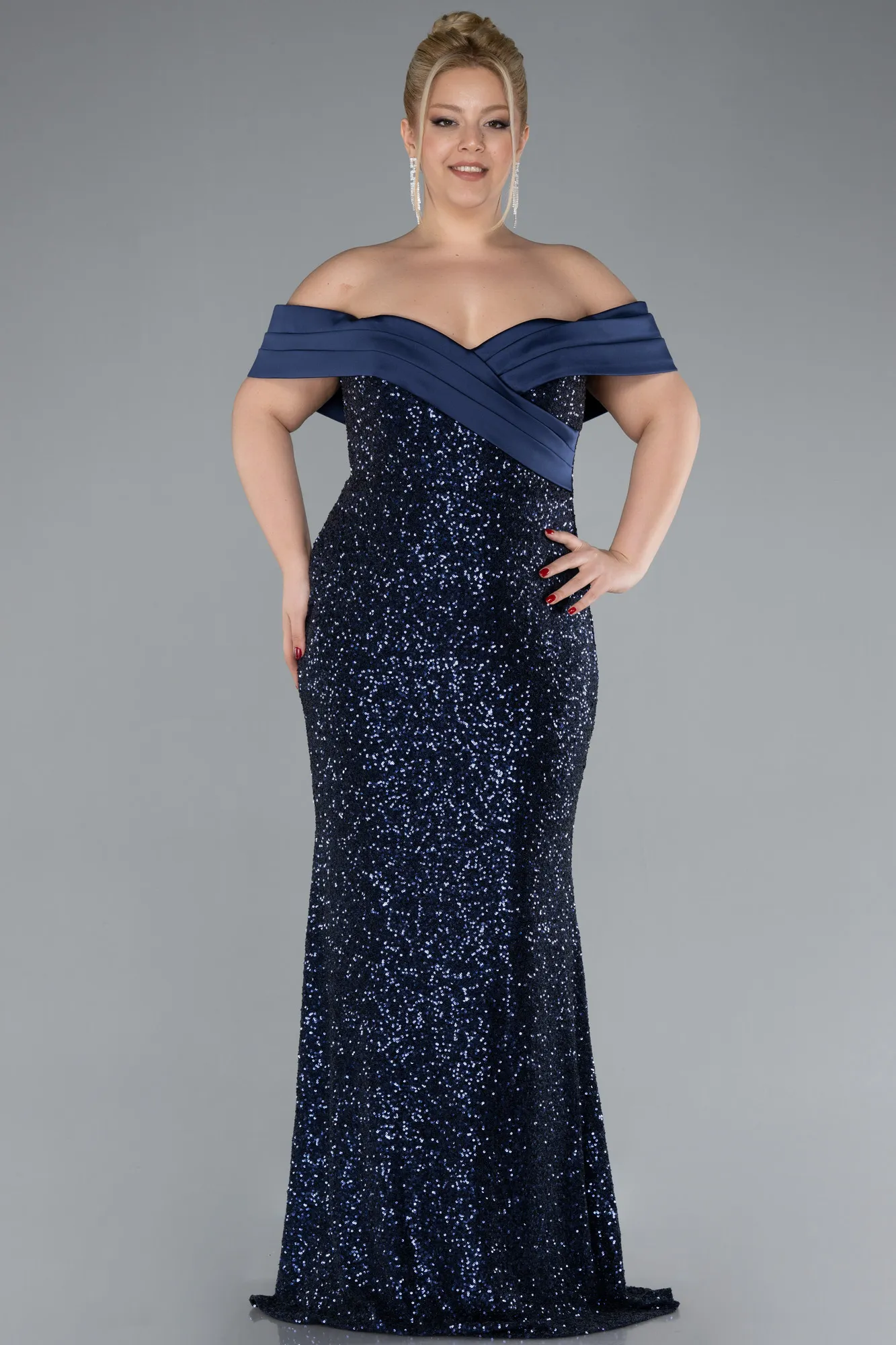Boat Neck Tail Long Sequined Plus Size Evening Gown ABU4516