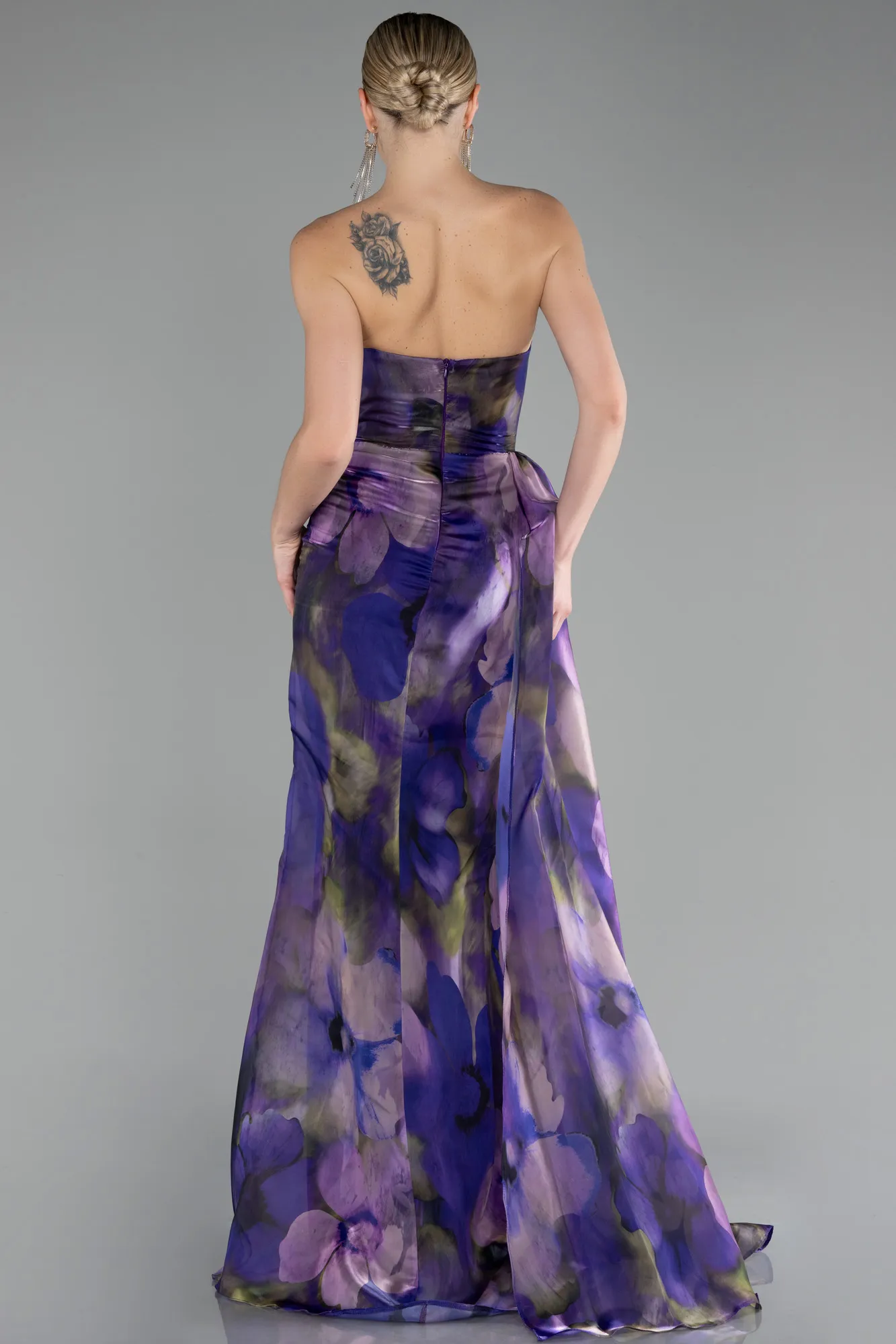 Strapless Slit Long Printed Satin Prom Dress ABU4169