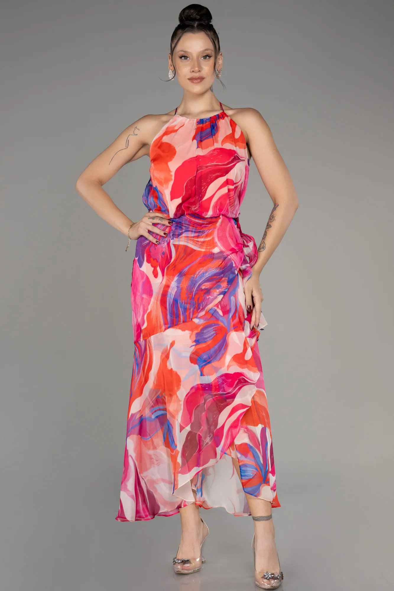 Halter Neck Midi Patterned Cocktail Dress ABK2107