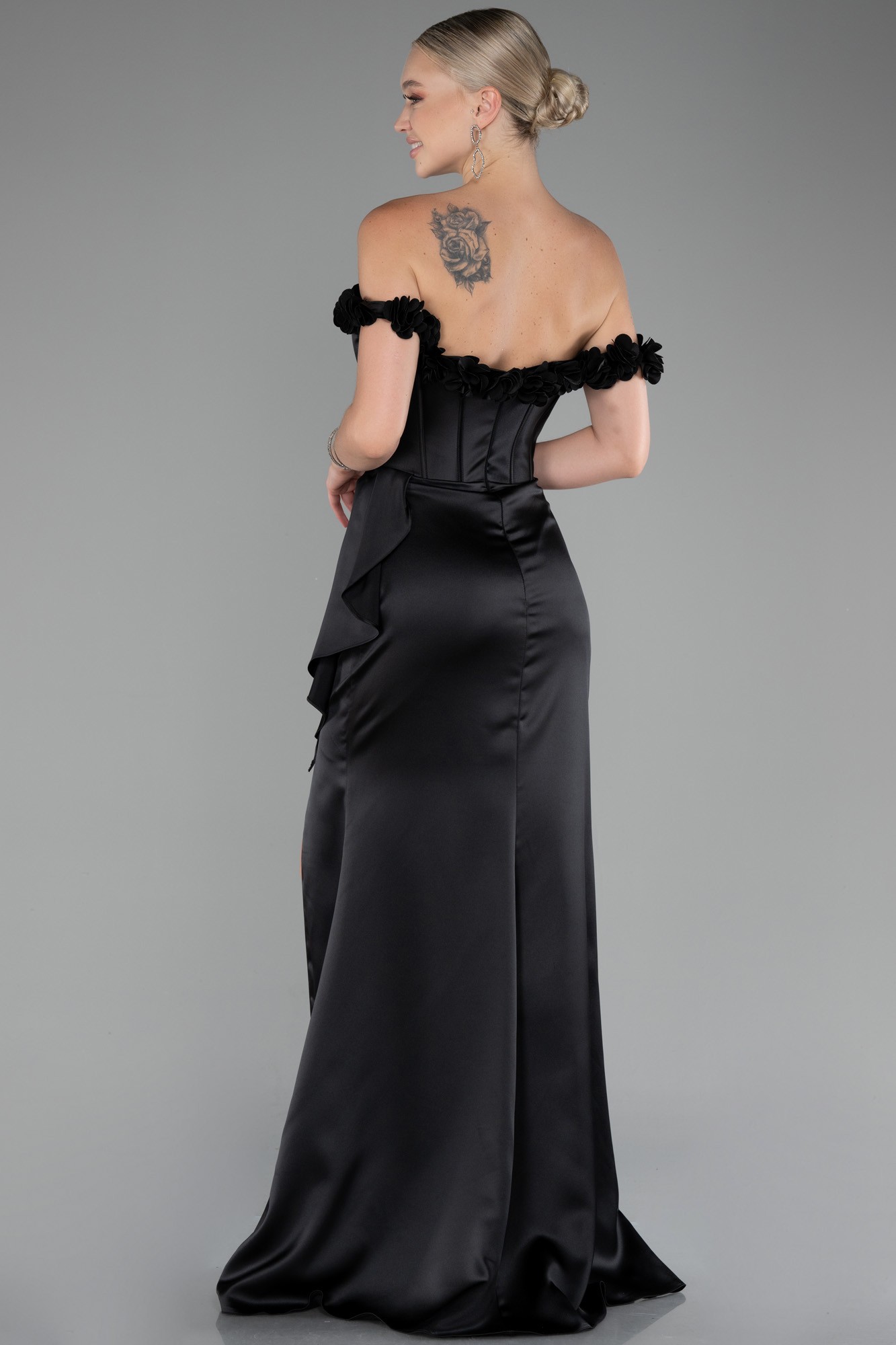 Slit Boat Neck Long Satin Evening Dress ABU4055