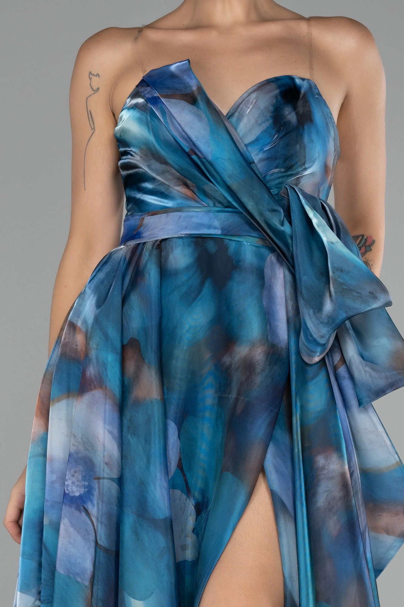 Strapless Slit Long Satin Printed Prom Gown ABU4157