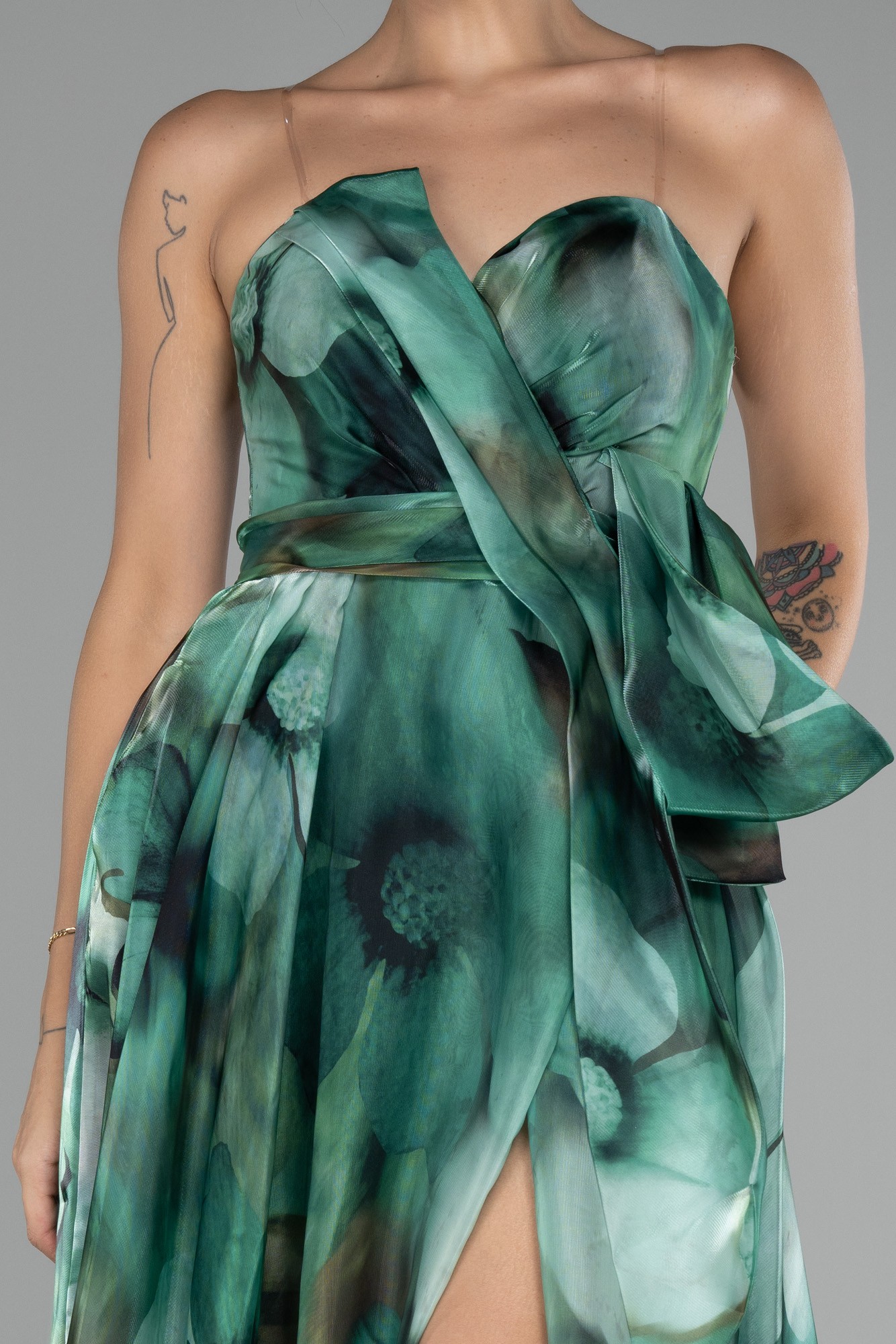 Strapless Slit Long Satin Printed Prom Gown ABU4157