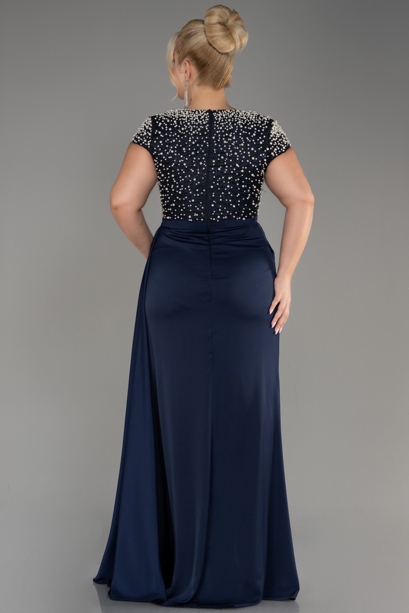 Slit Beaded Long Satin Plus Size Evening Gown ABU4053