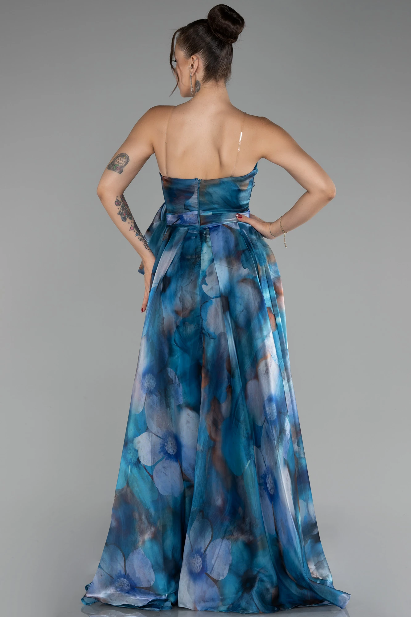 Strapless Slit Long Satin Printed Prom Gown ABU4157