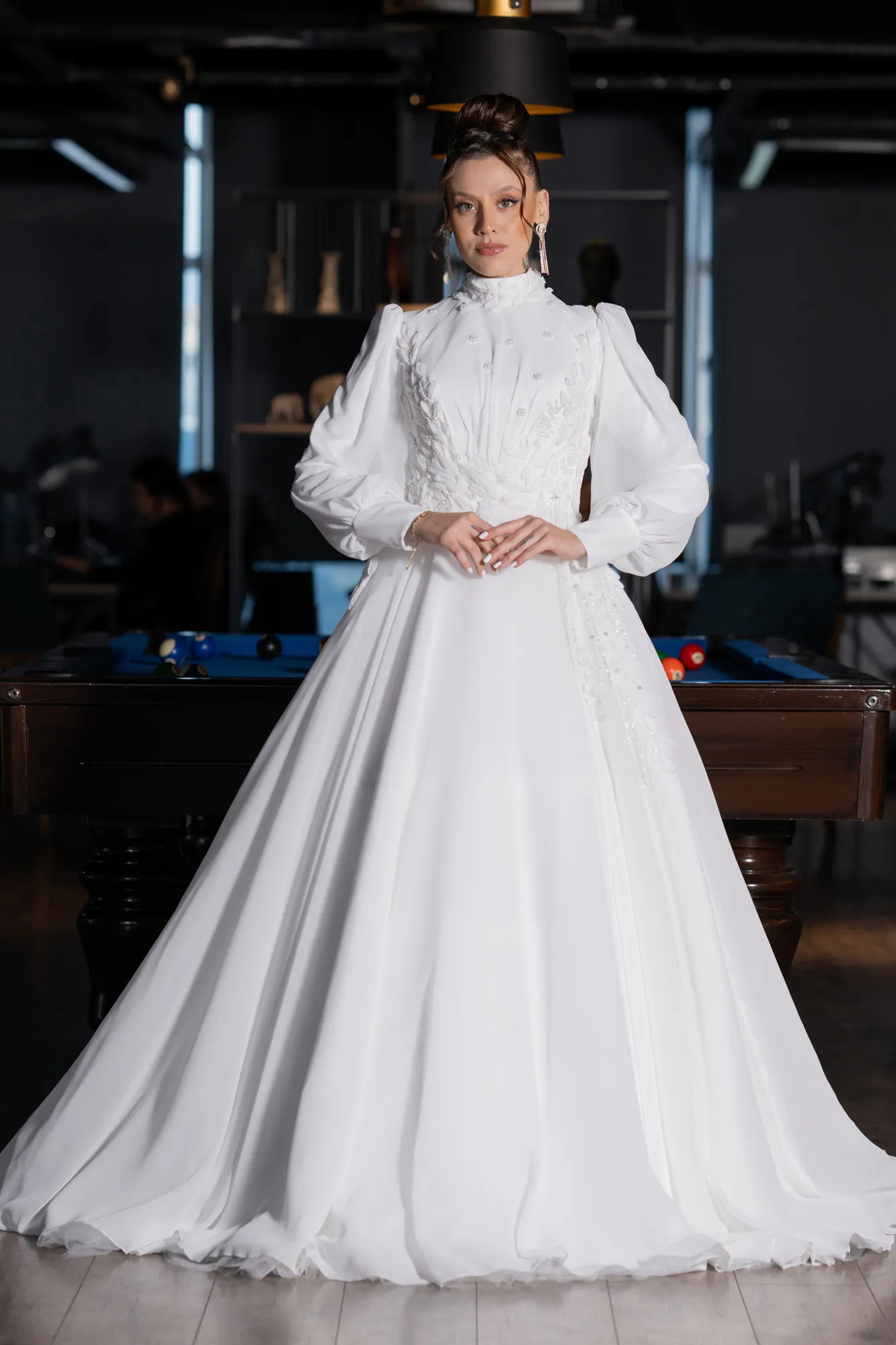 Long Sleeve Beaded Hijab Chiffon Wedding Dress ABG051