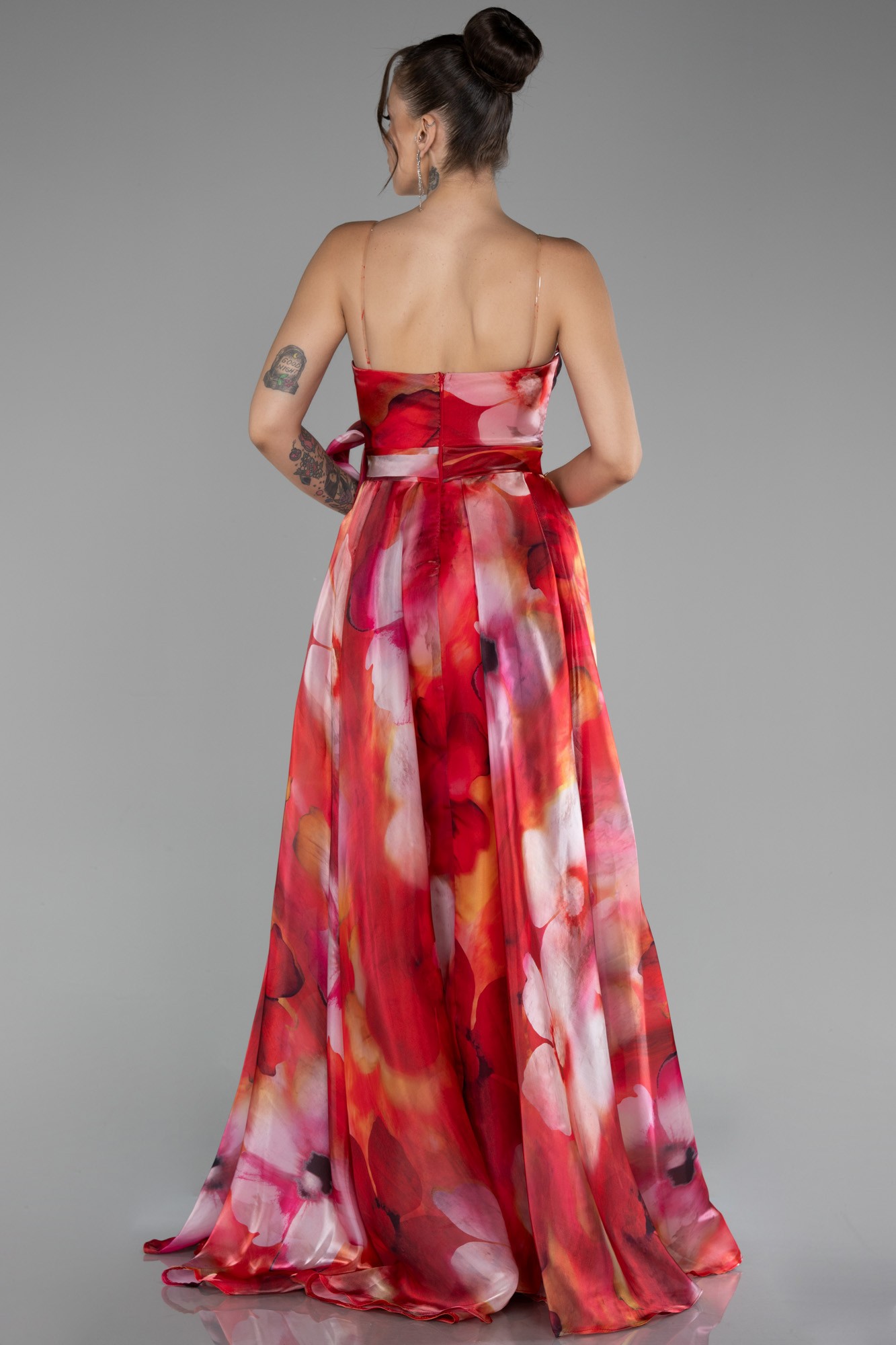 Strapless Slit Long Satin Printed Prom Gown ABU4157