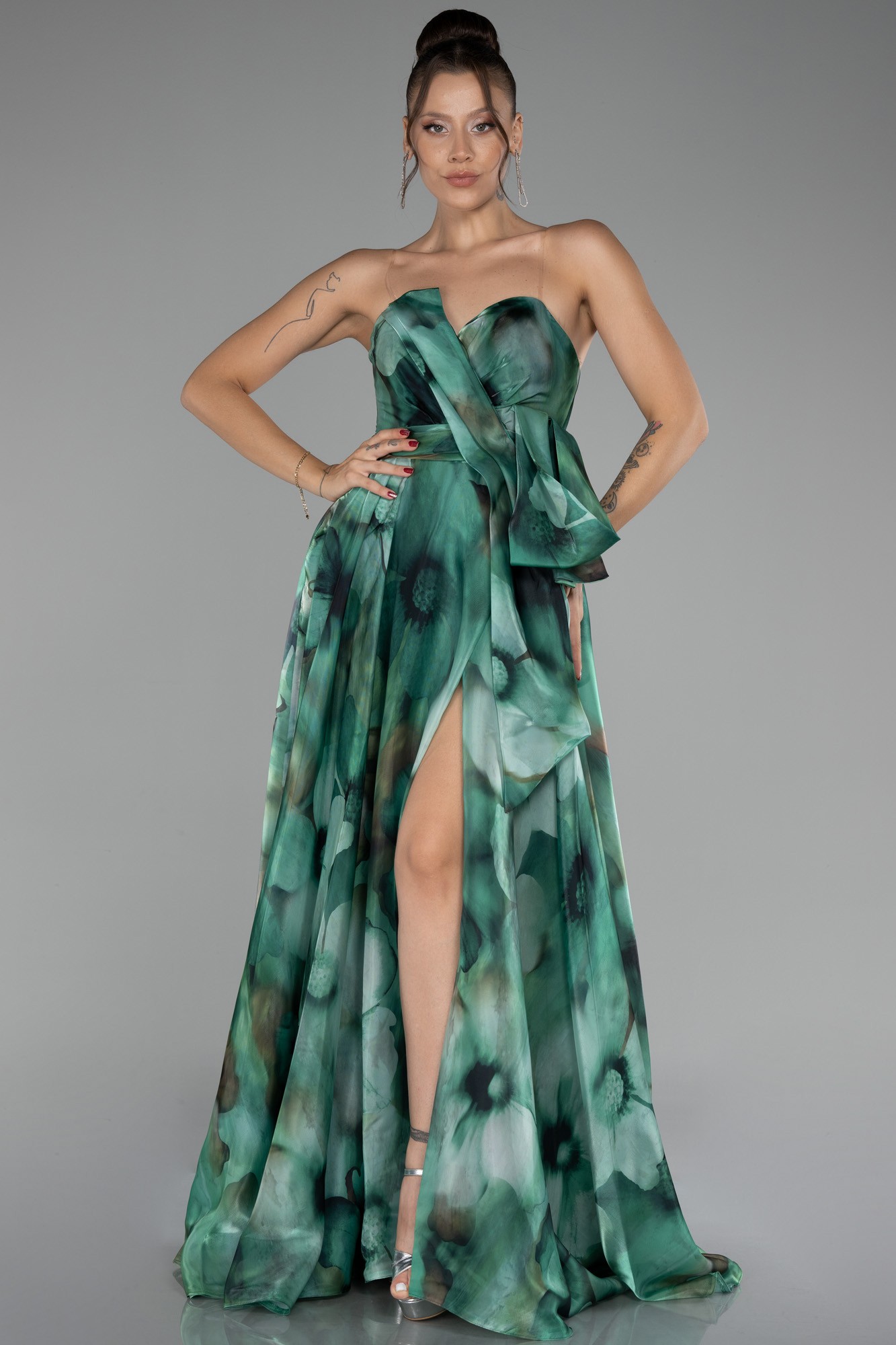 Strapless Slit Long Satin Printed Prom Gown ABU4157