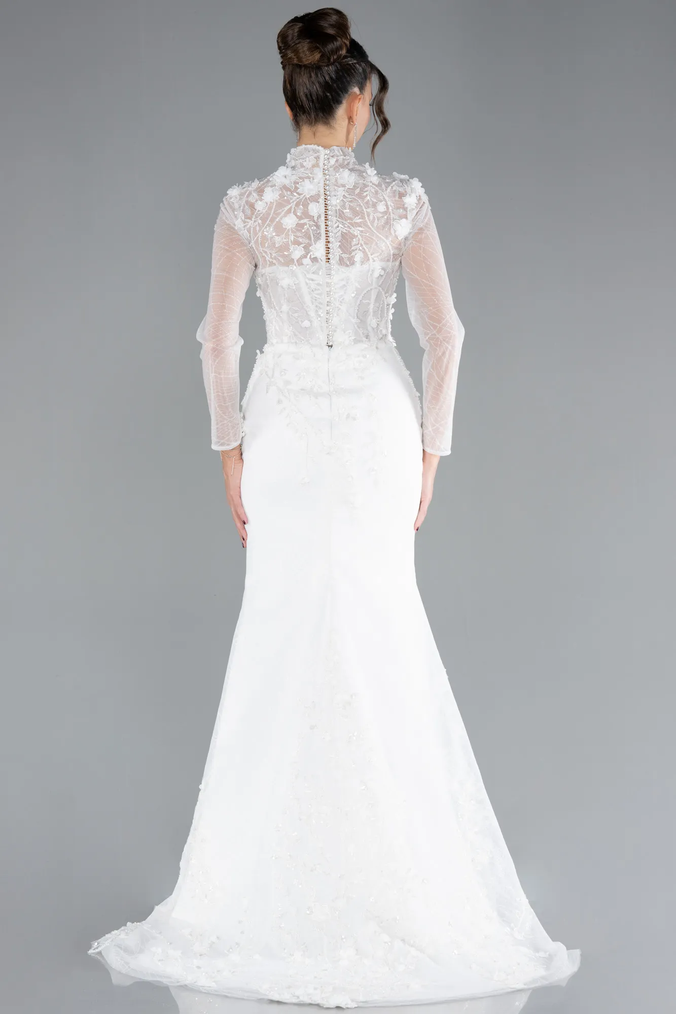 Long Sleeve Guipure Silvery Tail Wedding Dress ABU4342