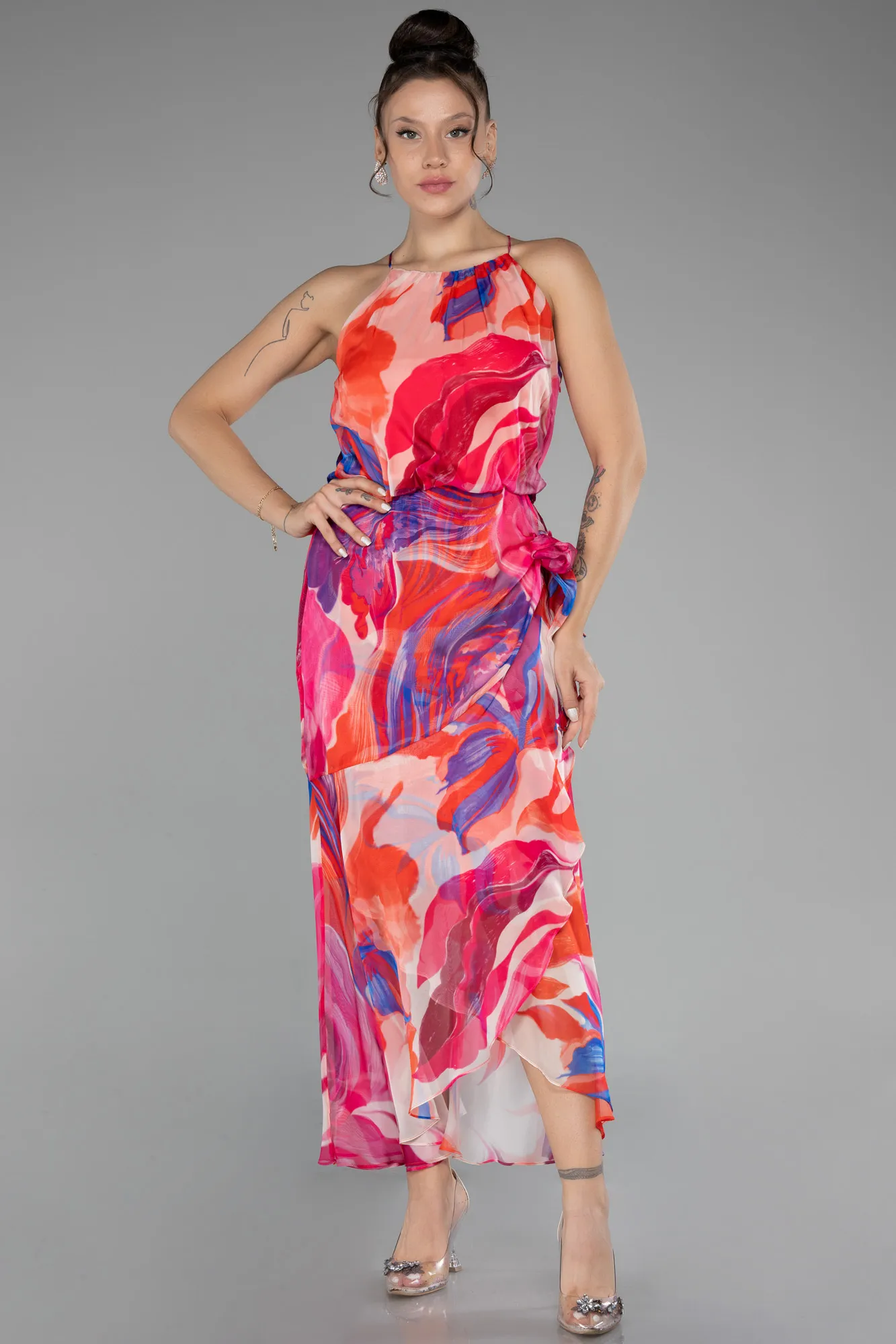 Halter Neck Midi Patterned Cocktail Dress ABK2107