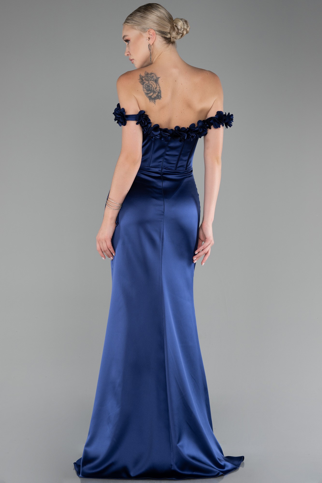 Slit Boat Neck Long Satin Evening Dress ABU4055