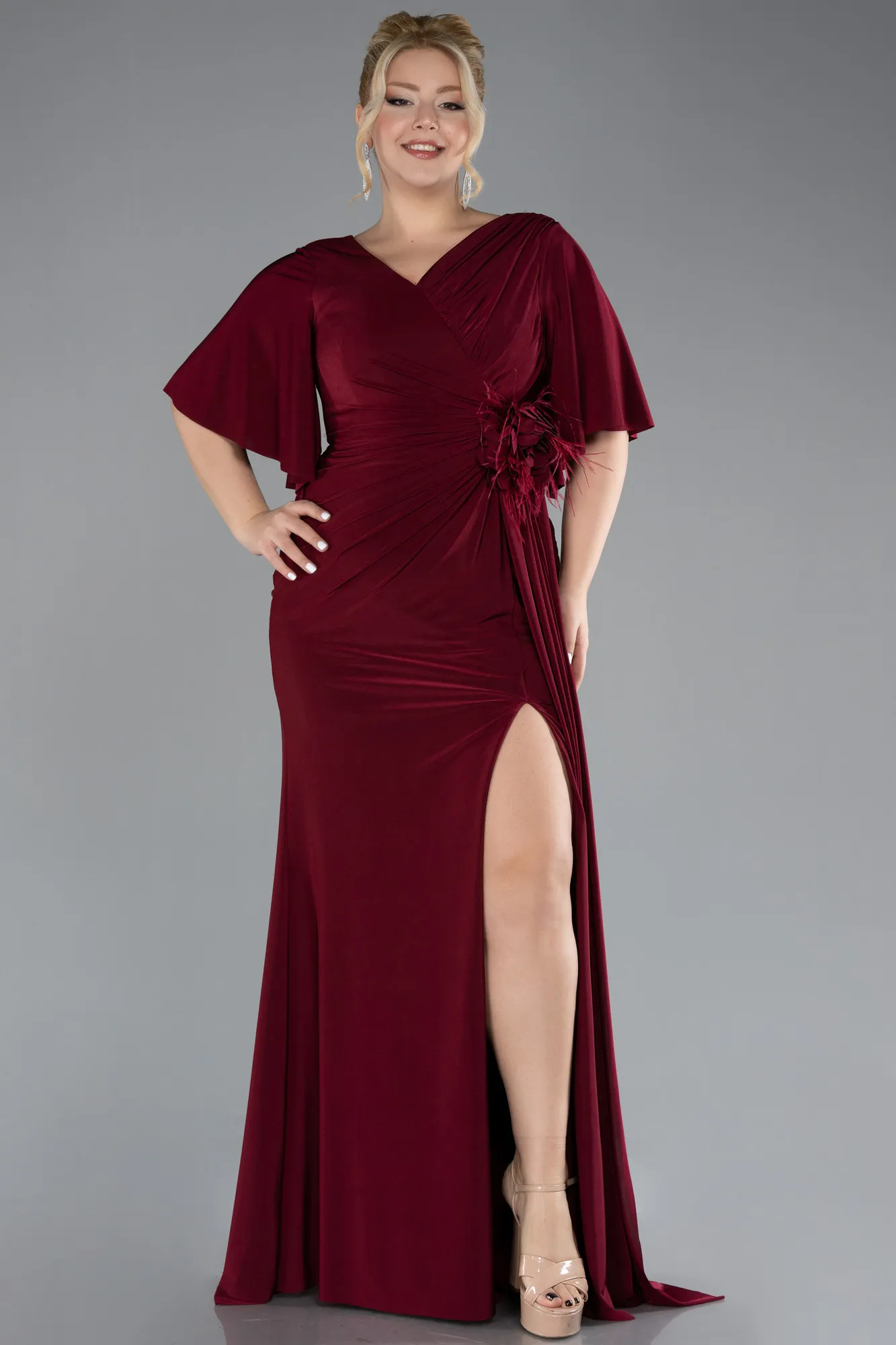 Short Sleeve Slit Plus Size Evening Gown ABU4391