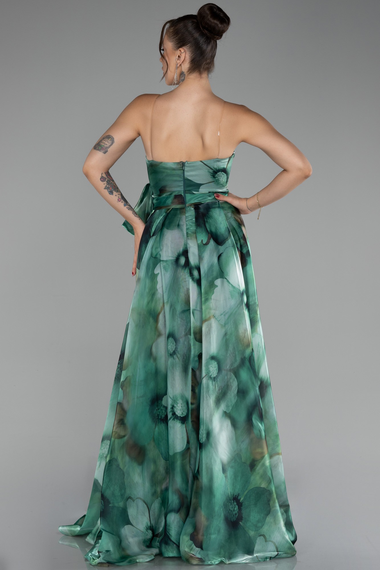 Strapless Slit Long Satin Printed Prom Gown ABU4157