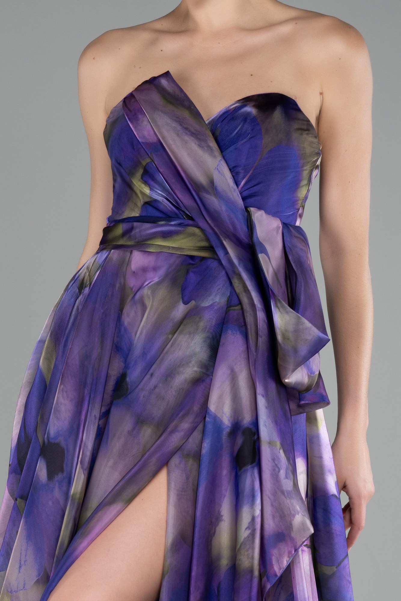 Strapless Slit Long Satin Printed Prom Gown ABU4157