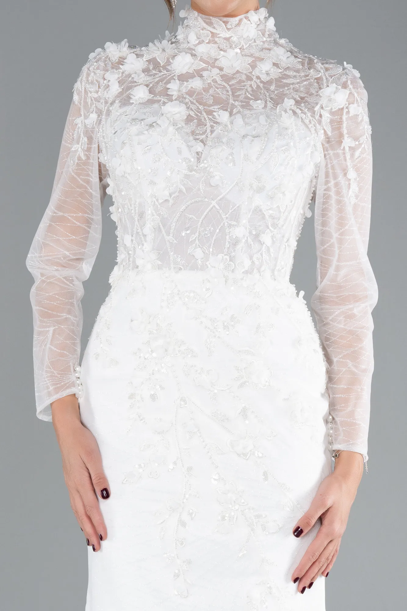 Long Sleeve Guipure Silvery Tail Wedding Dress ABU4342