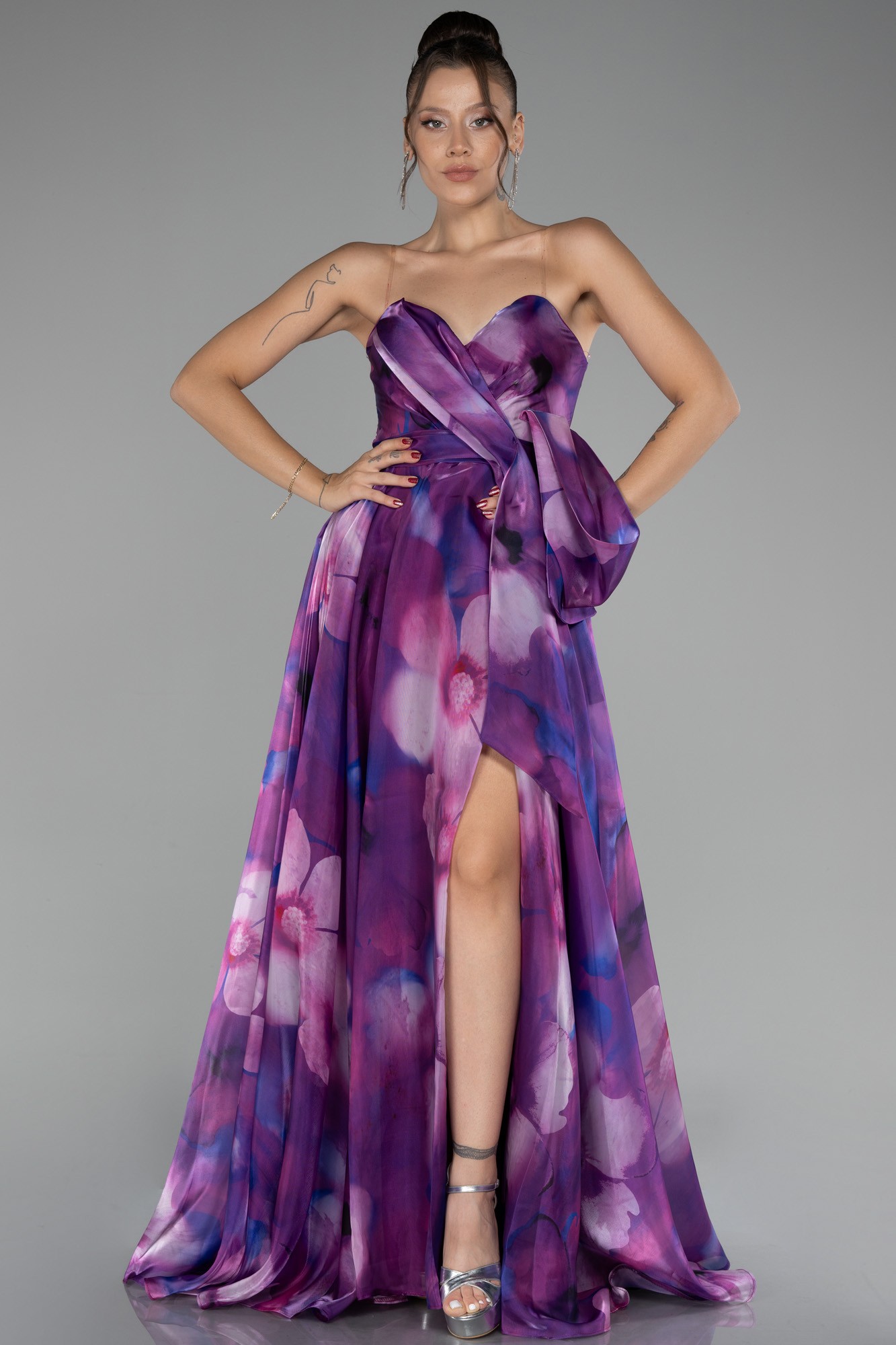 Strapless Slit Long Satin Printed Prom Gown ABU4157