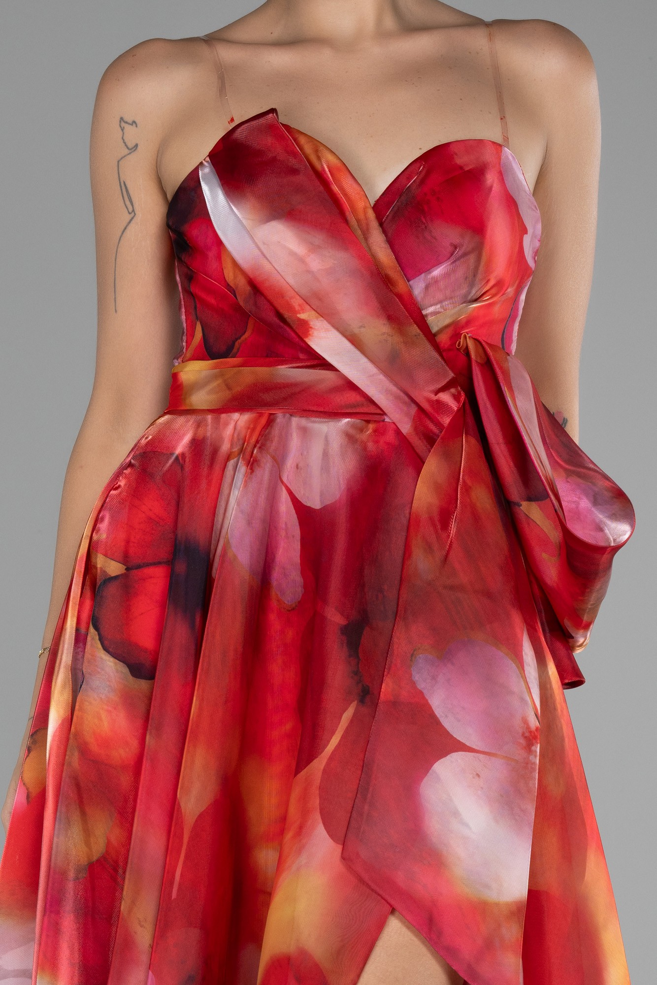 Strapless Slit Long Satin Printed Prom Gown ABU4157