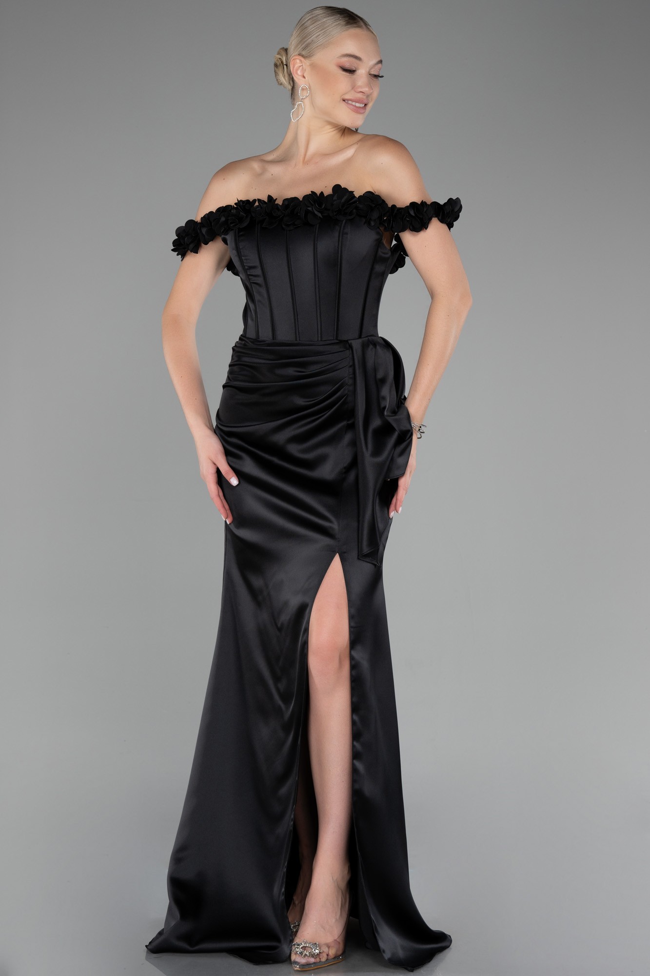 Slit Boat Neck Long Satin Evening Dress ABU4055