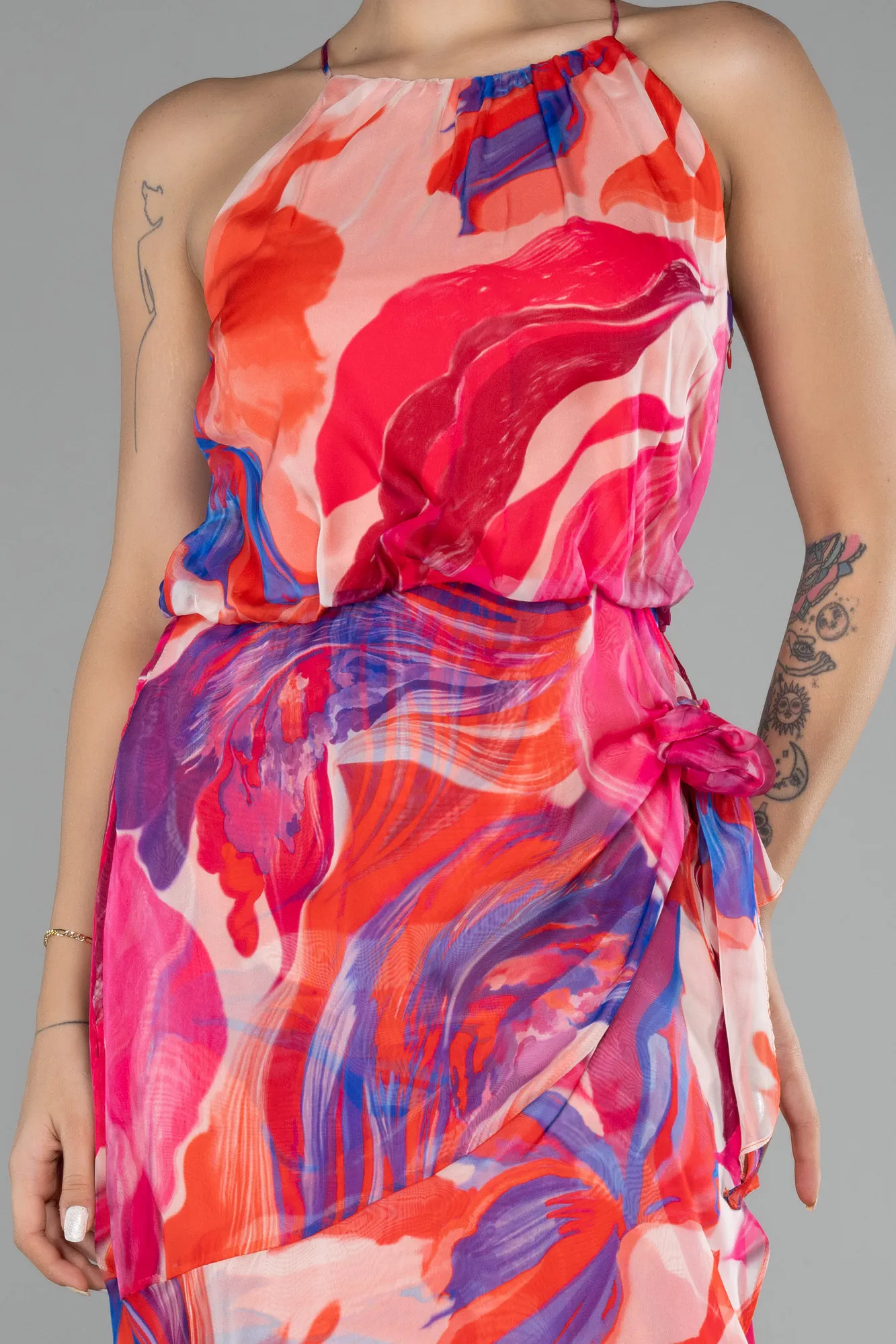 Halter Neck Midi Patterned Cocktail Dress ABK2107