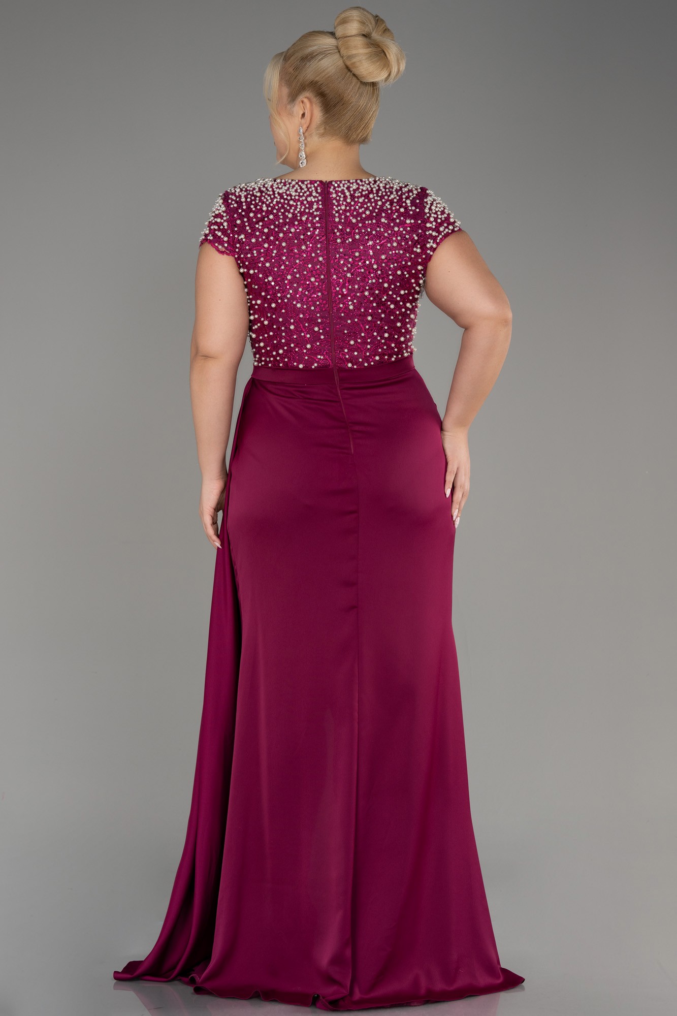 Slit Beaded Long Satin Plus Size Evening Gown ABU4053