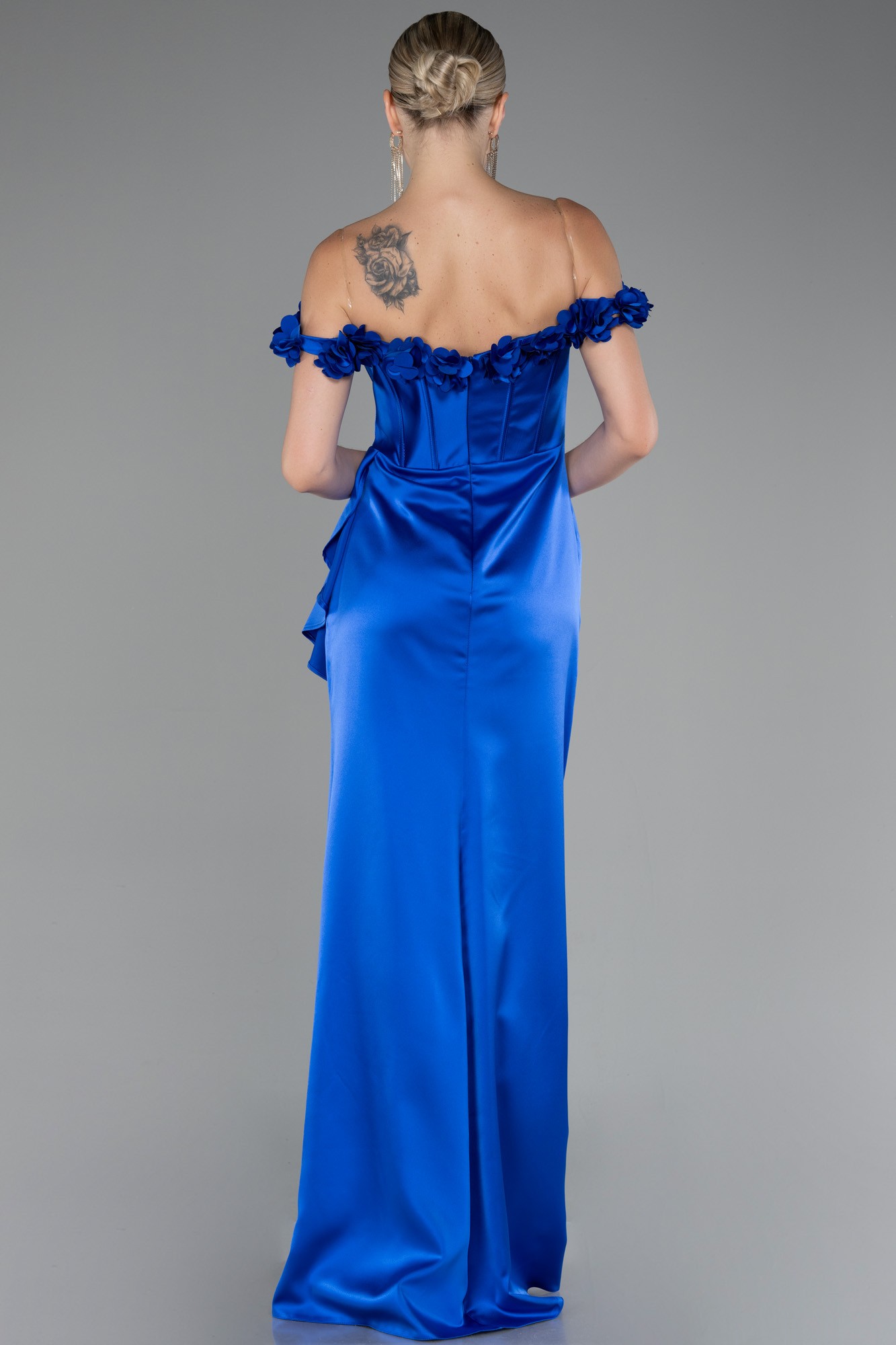 Slit Boat Neck Long Satin Evening Dress ABU4055